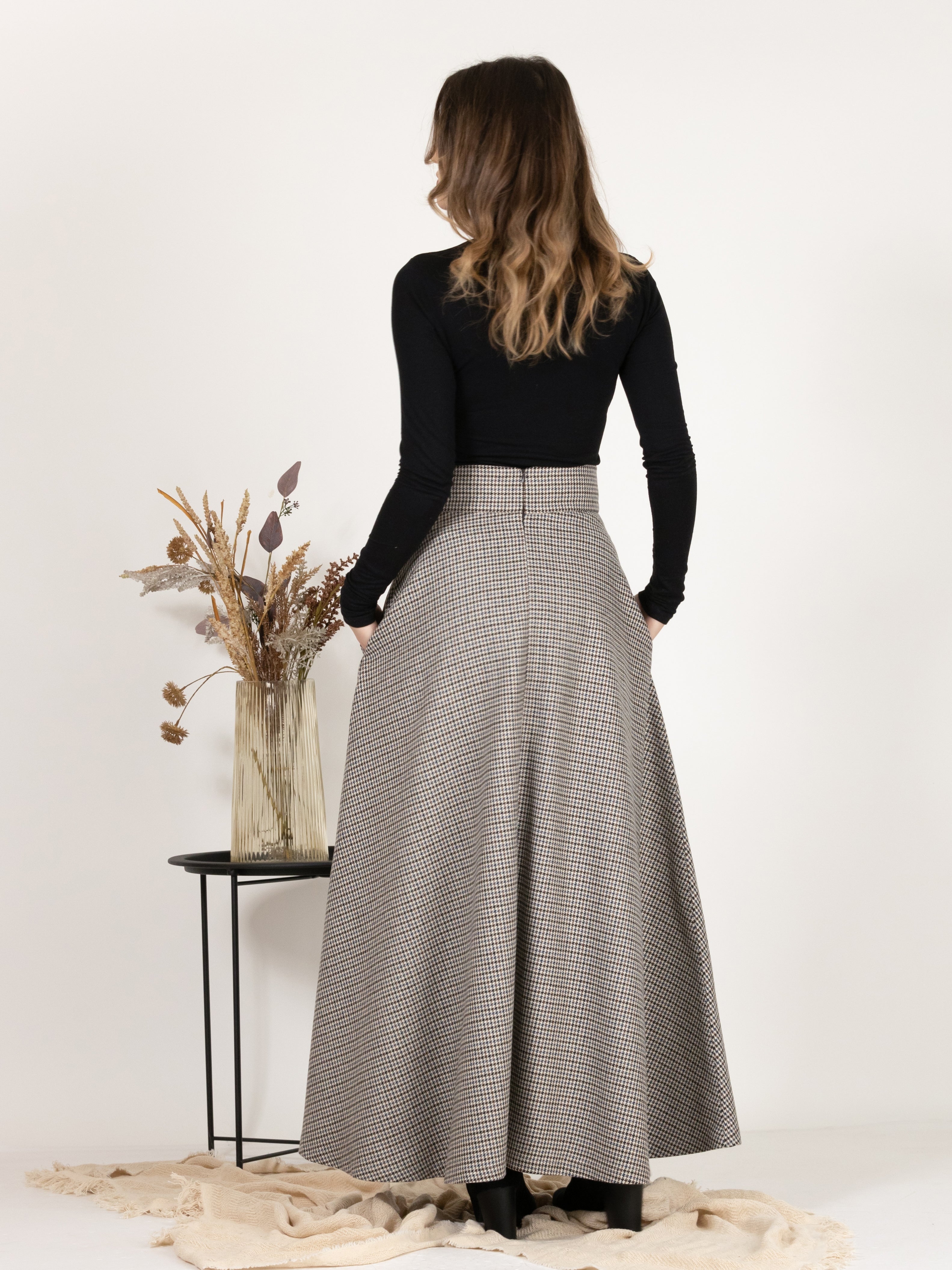 Full-length back view of Wool Maxi A-Line Skirt with Pockets in Houndstooth Pattern