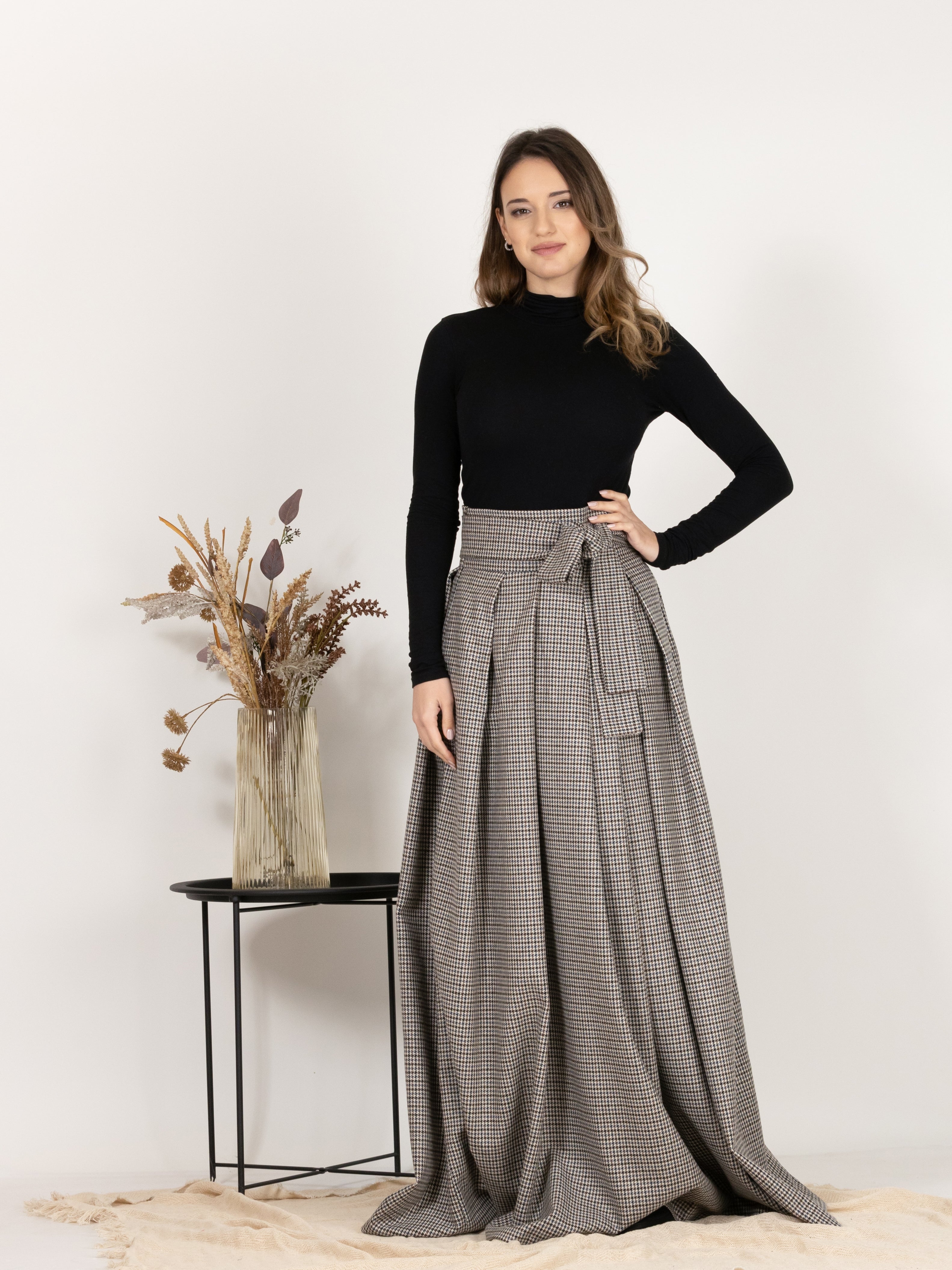 Front view of High Waisted Wool Long Skirt with Bow in Houndstooth Pattern