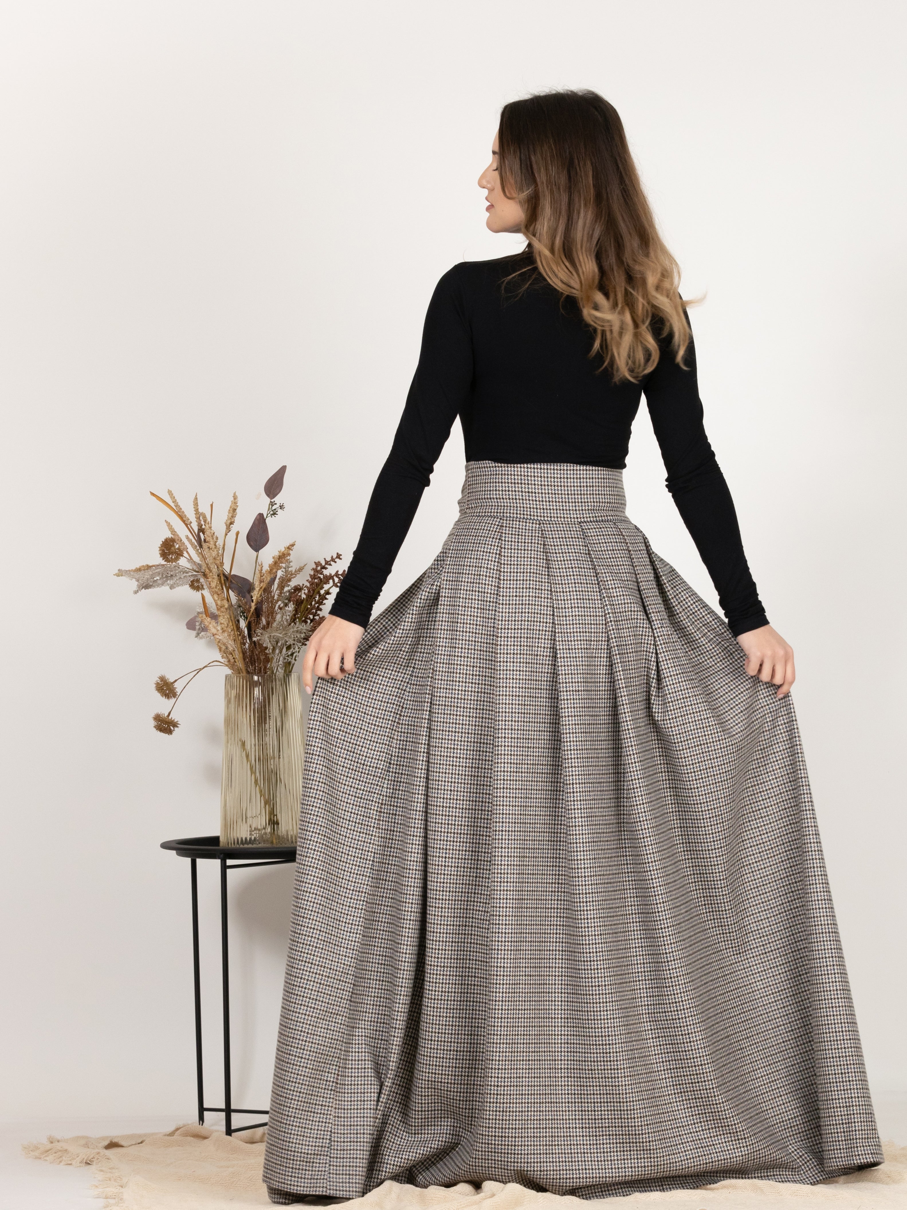 Full-length back view of High Waisted Wool Long Skirt with Bow in Houndstooth Pattern