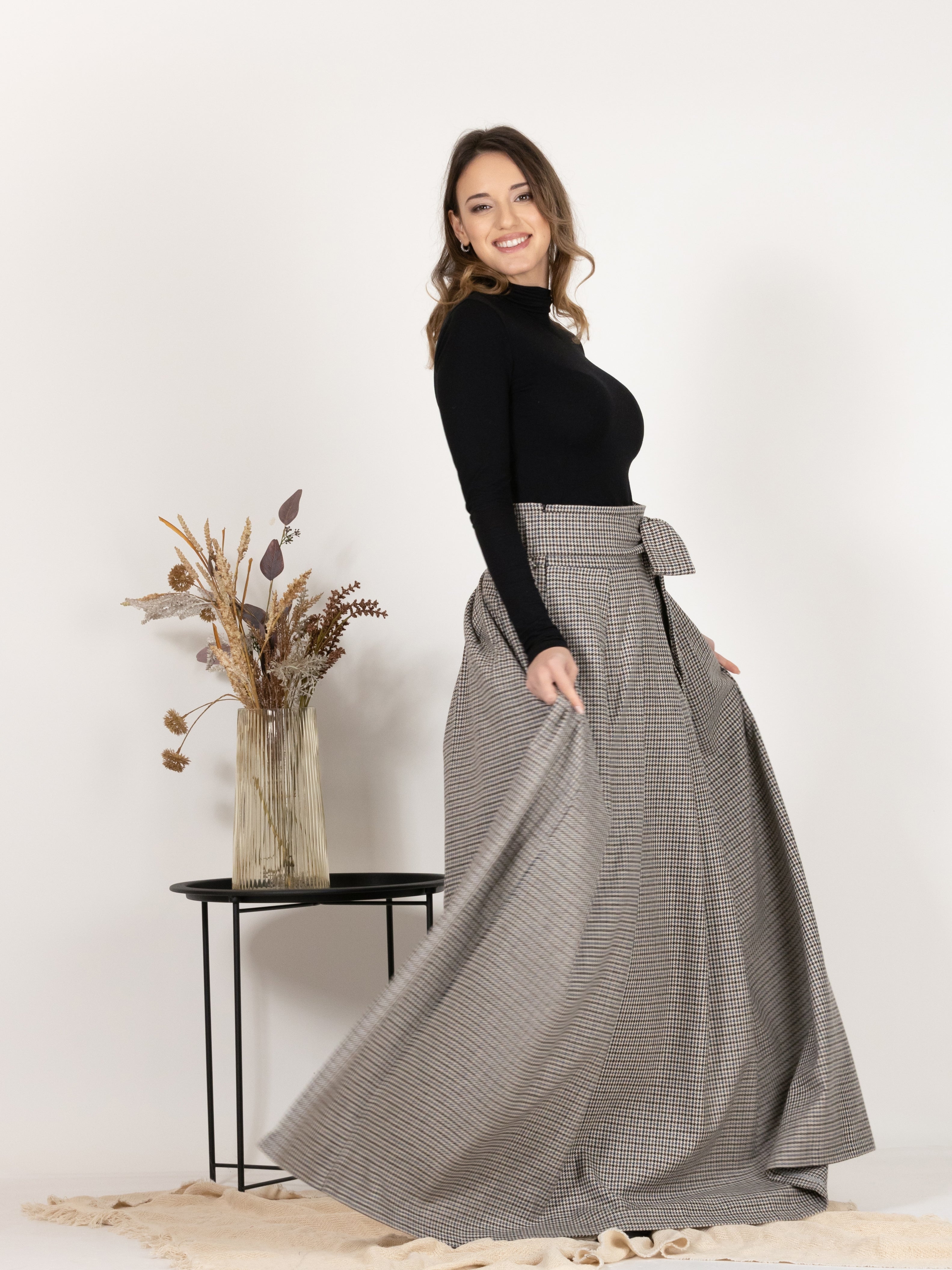 Elegant side view of High Waisted Wool Long Skirt with Bow in Houndstooth Pattern