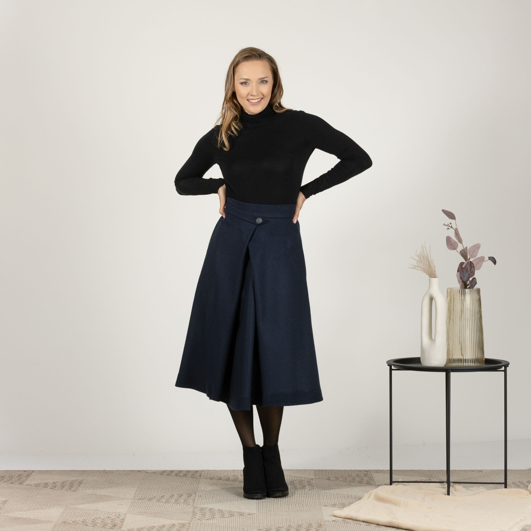 Front view of Wool Front Statement Skirt showcasing classic design