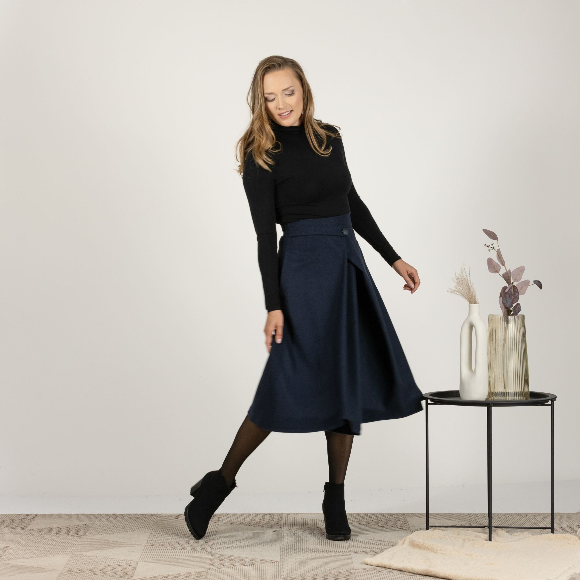 Front view showing A-line flared silhouette of Wool Front Statement Skirt