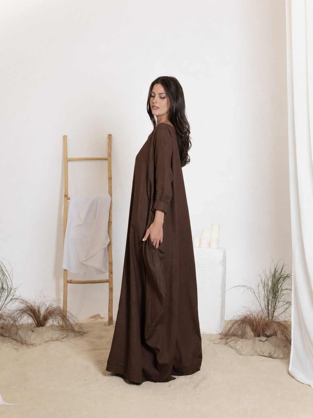 Side view of maxi linen dress