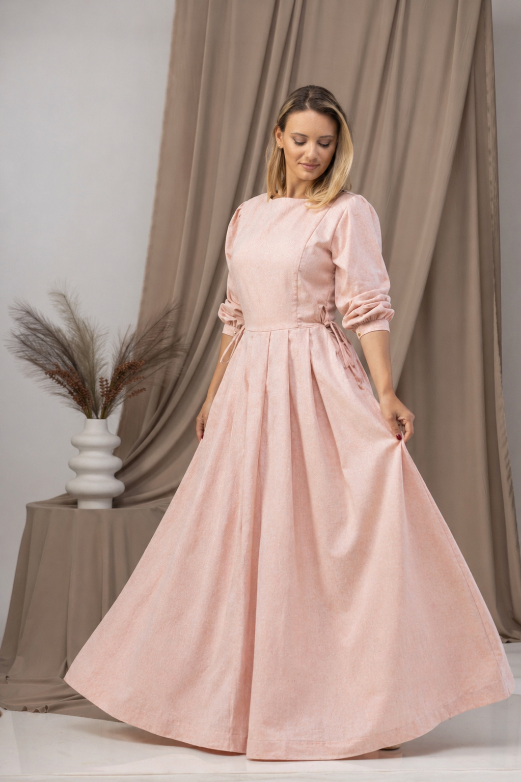 A-Line Linen Maxi Dress with Pockets in Peach Color from NikkaPlace