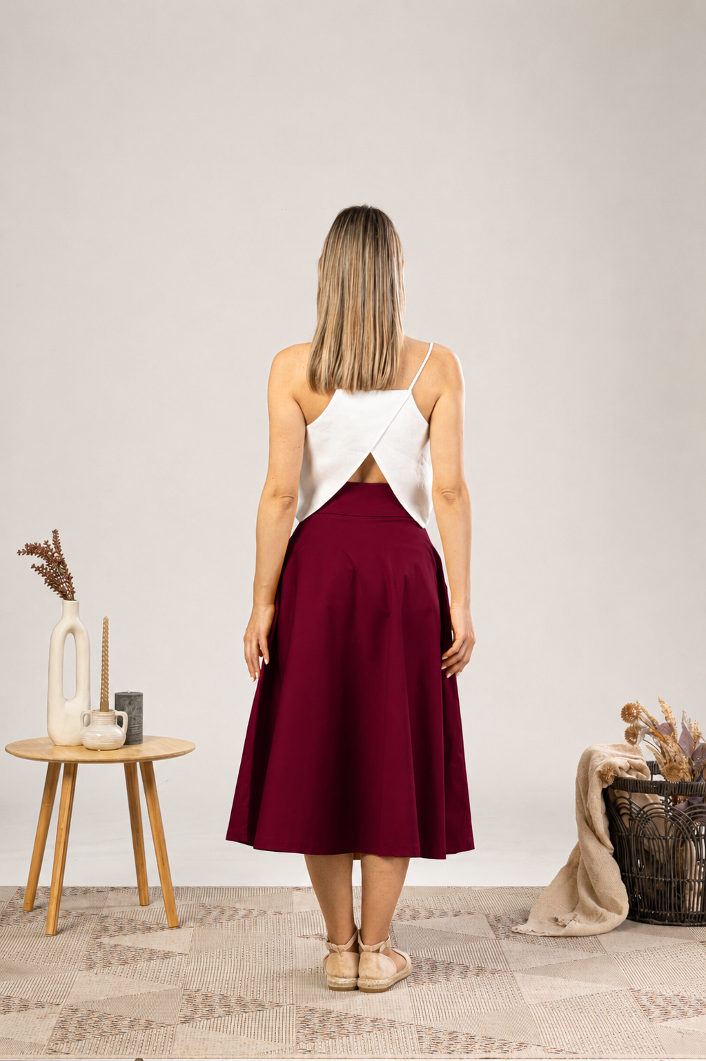 Elegant Midi Circle Skirt in Burgundy
