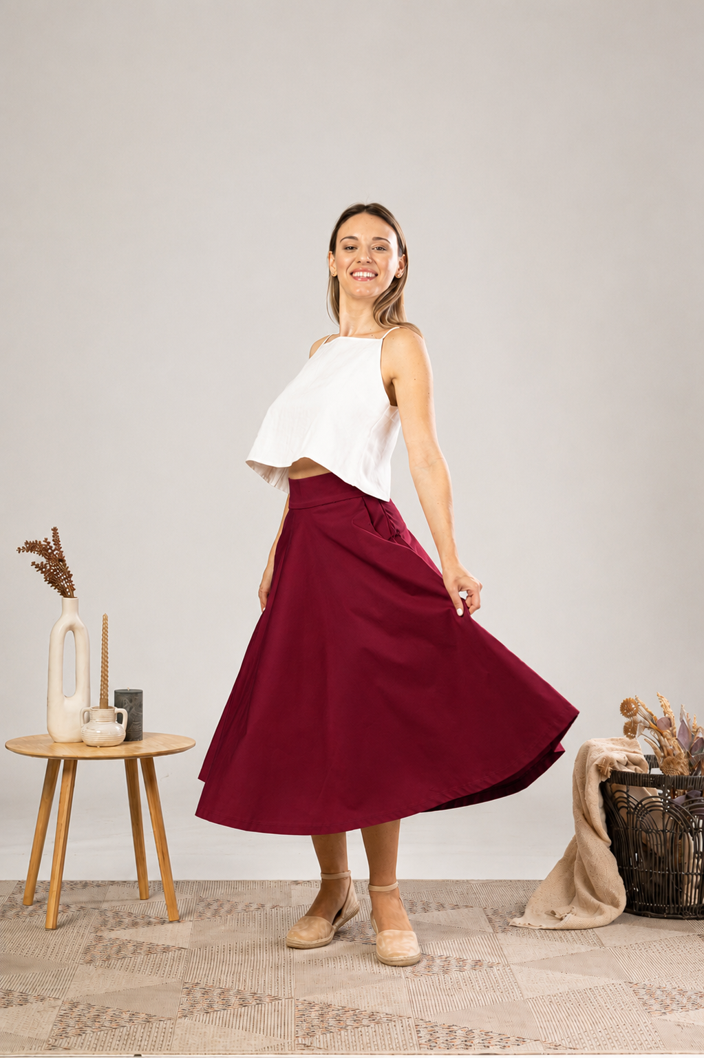 Elegant Midi Circle Skirt in Burgundy