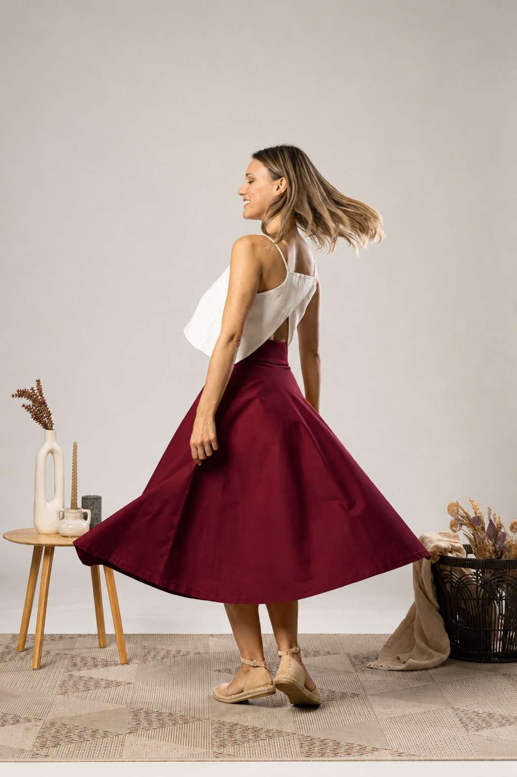Elegant Midi Circle Skirt in Burgundy