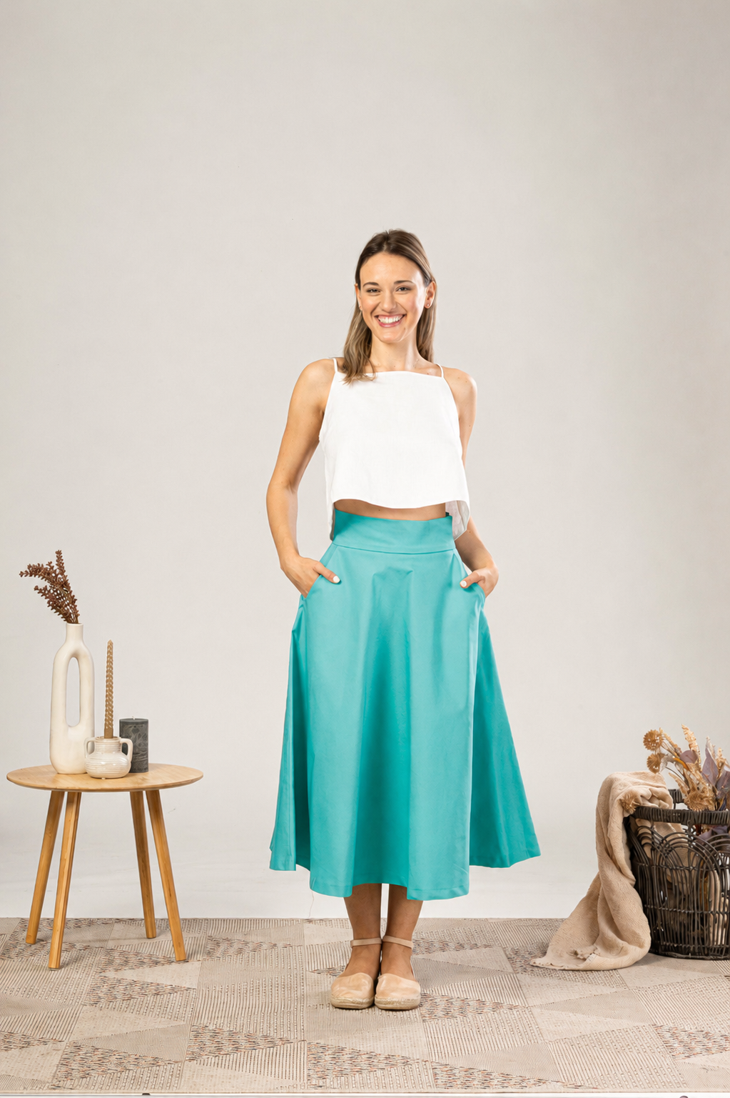 Midi Flared Cotton Skirt With Pockets in Turquoise