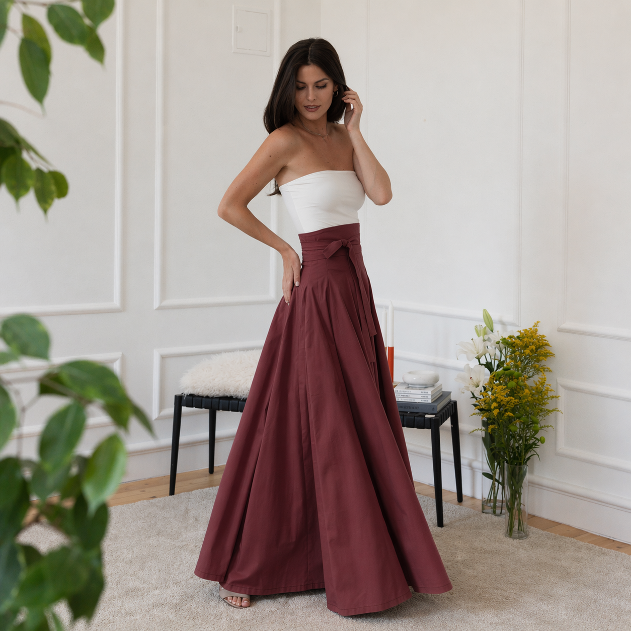 Maxi cotton burgundy skirt