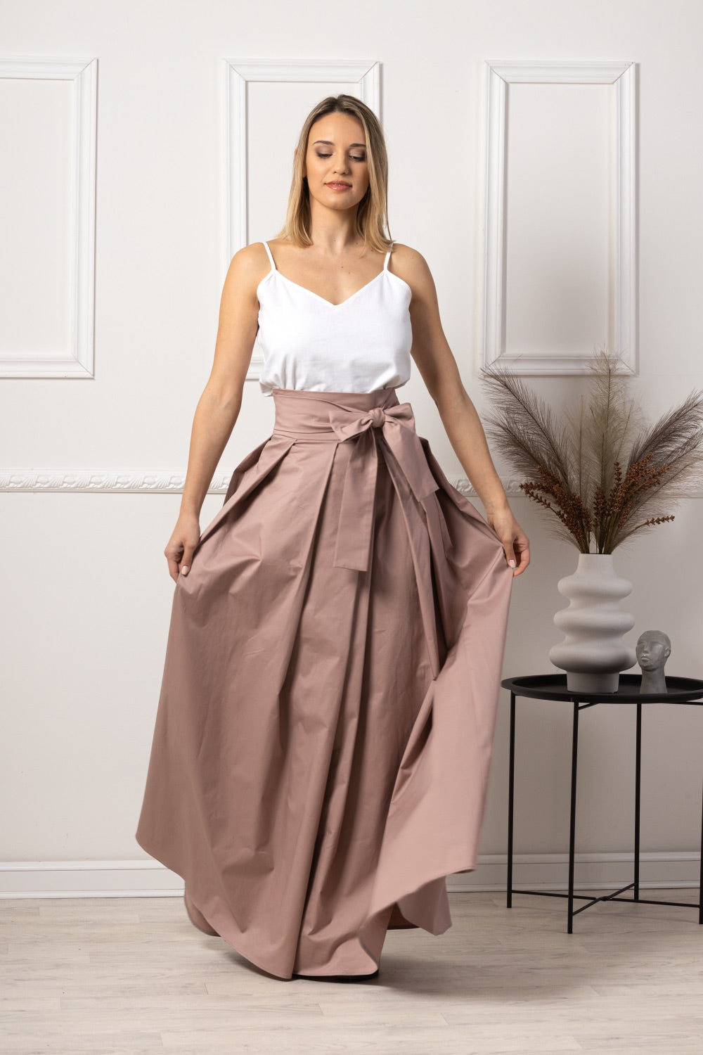Pink High Waist Pleated Maxi Skirt with different color shoes - from NikkaPlace | Effortless fashion for easy living