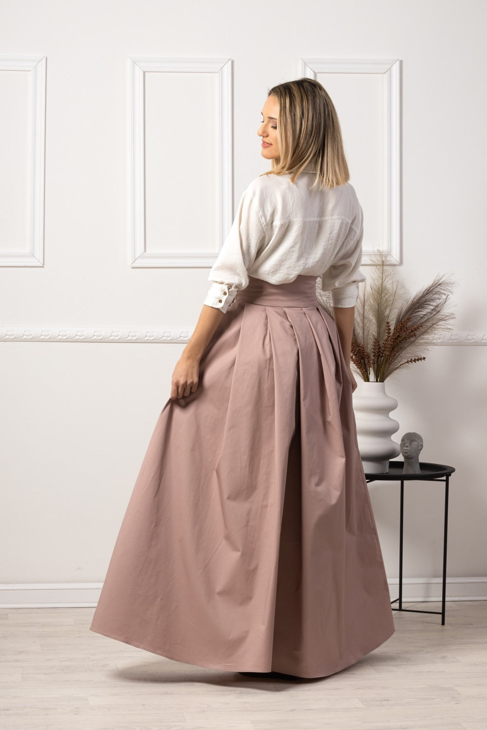 Pink High Waist Pleated Maxi Skirt with side pockets - from NikkaPlace | Effortless fashion for easy living