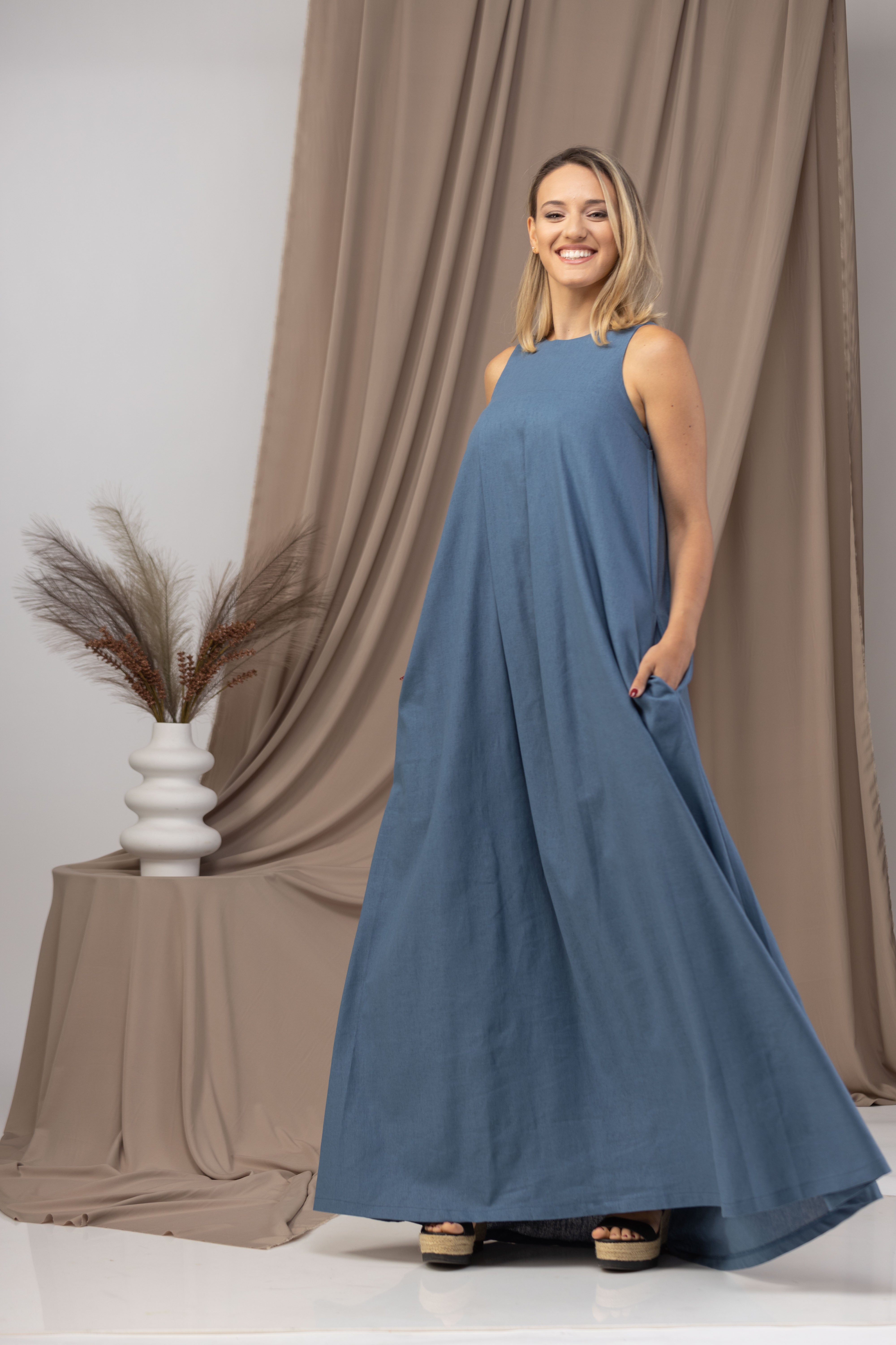 Chocolate Loose Linen Maxi Dress