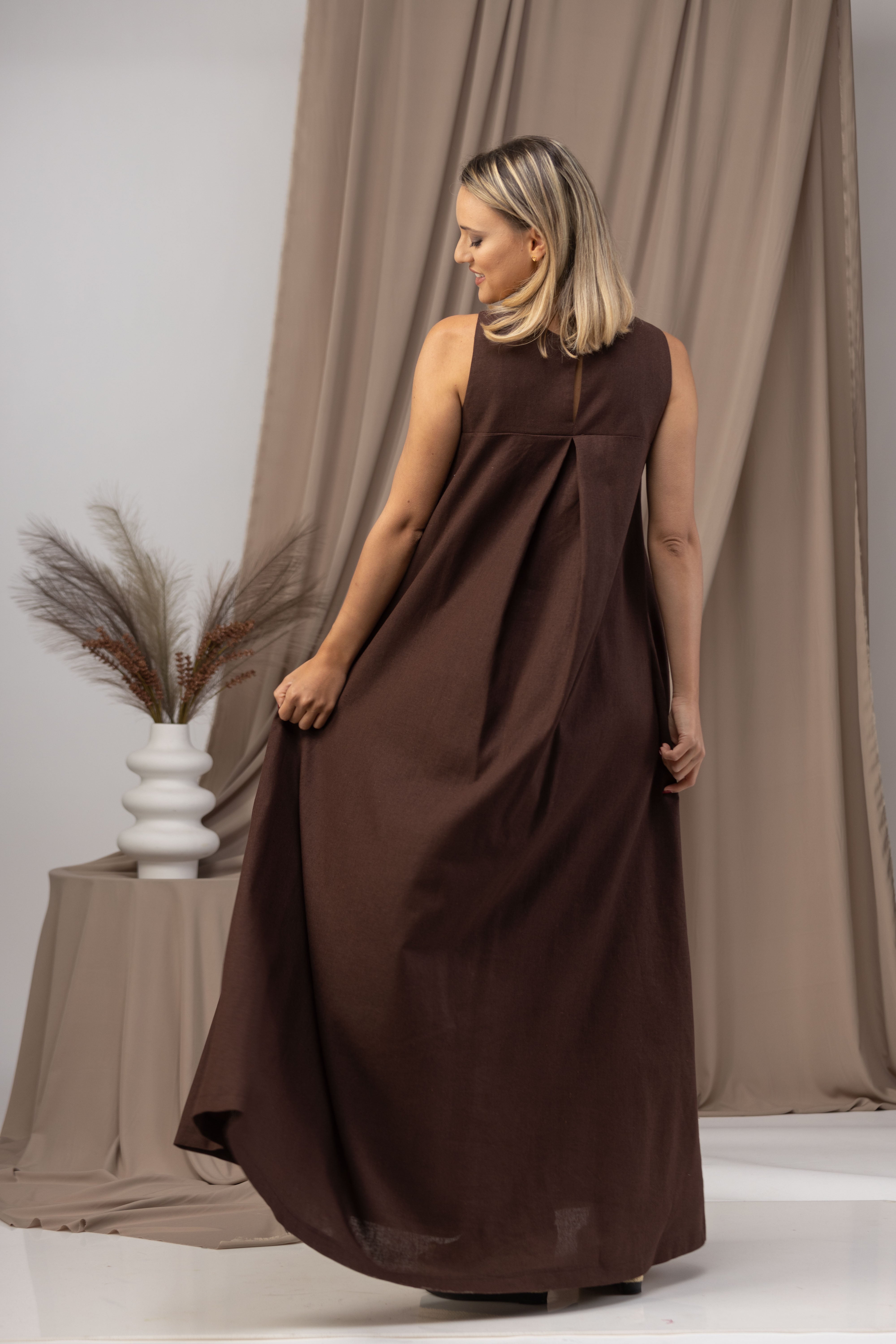 Chocolate Loose Linen Maxi Dress