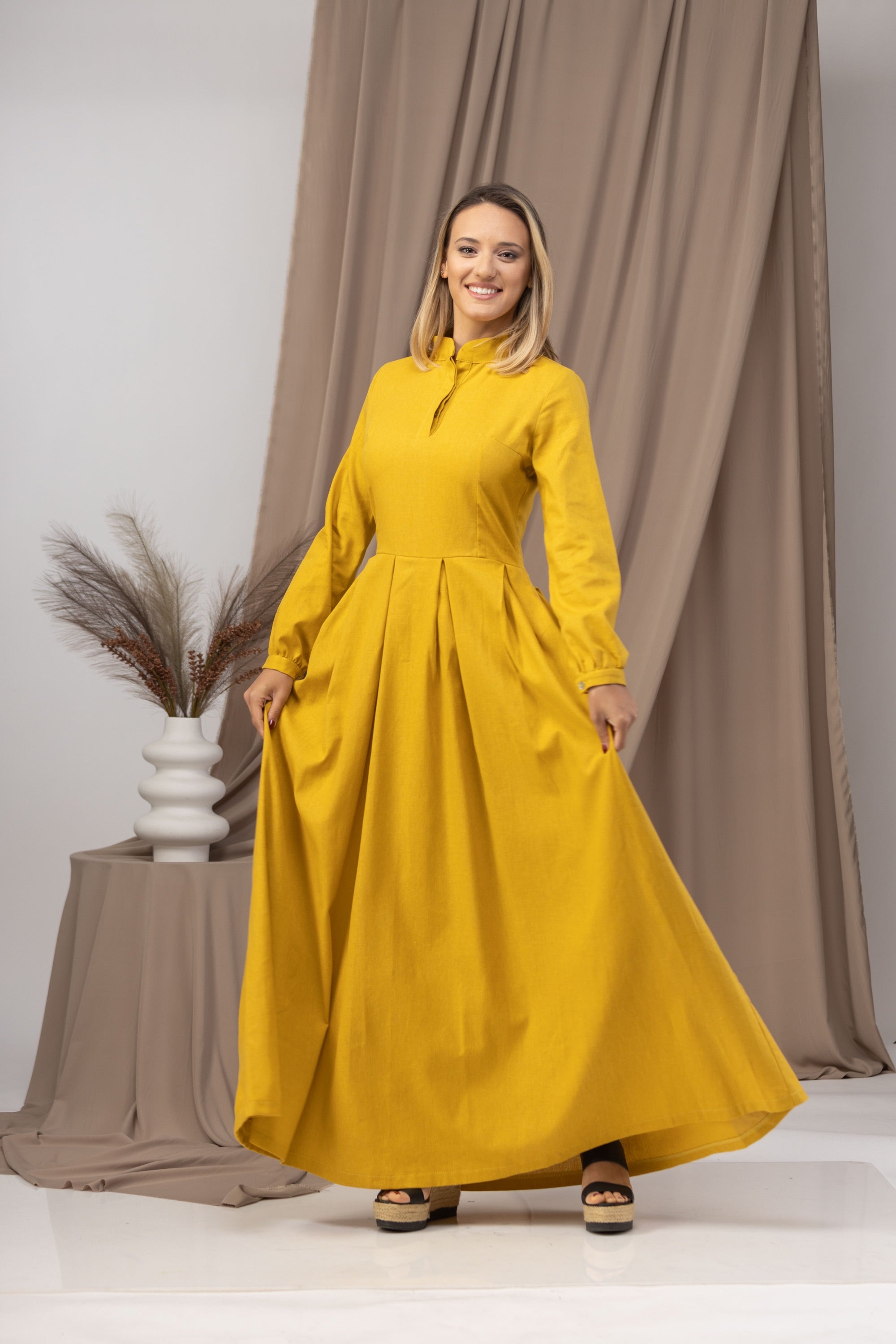 Mustard Linen Prairie Maxi Dress from NikkaPlace