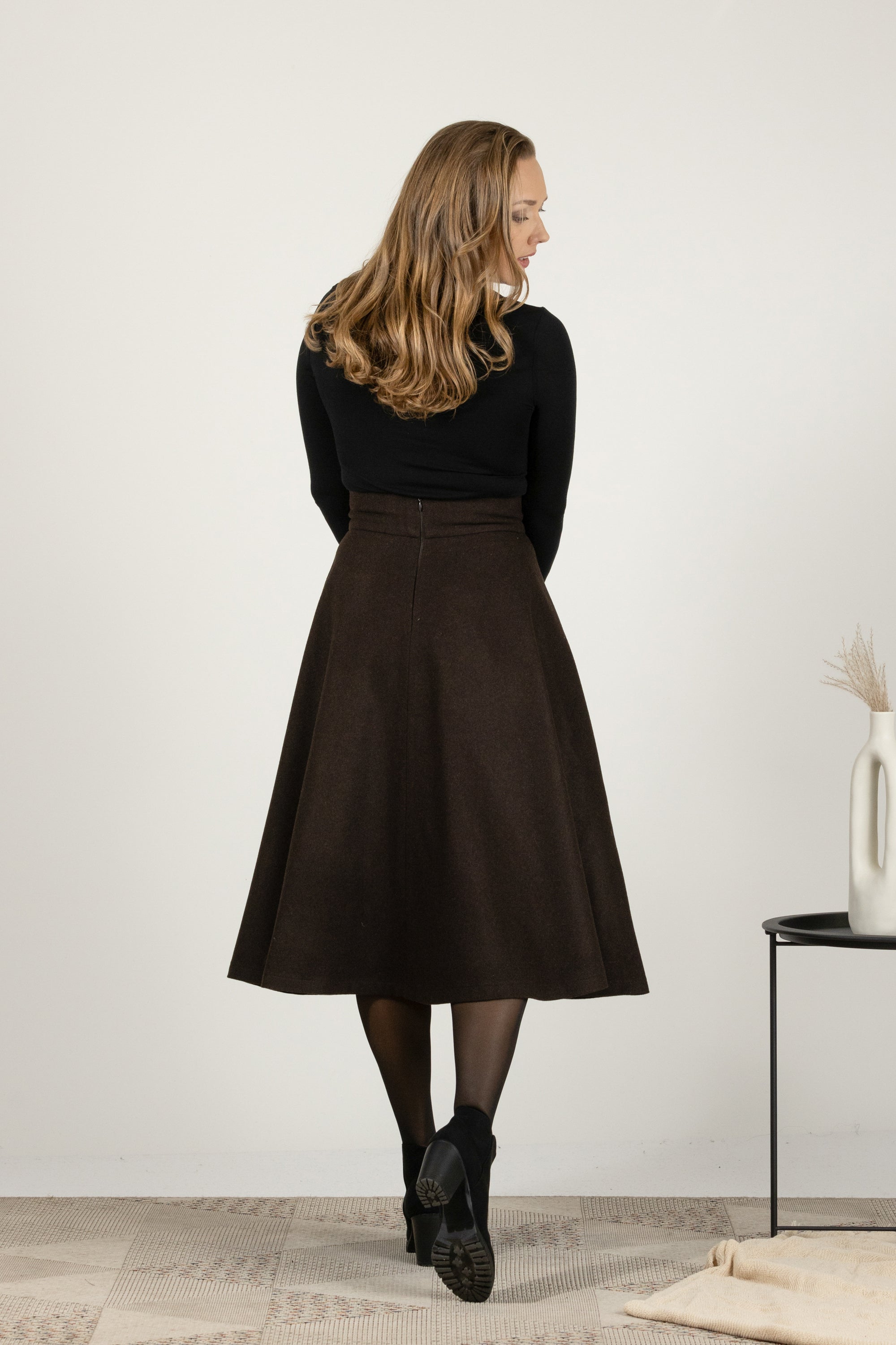 Dark Chocolate High Waist Wool Midi Skirt