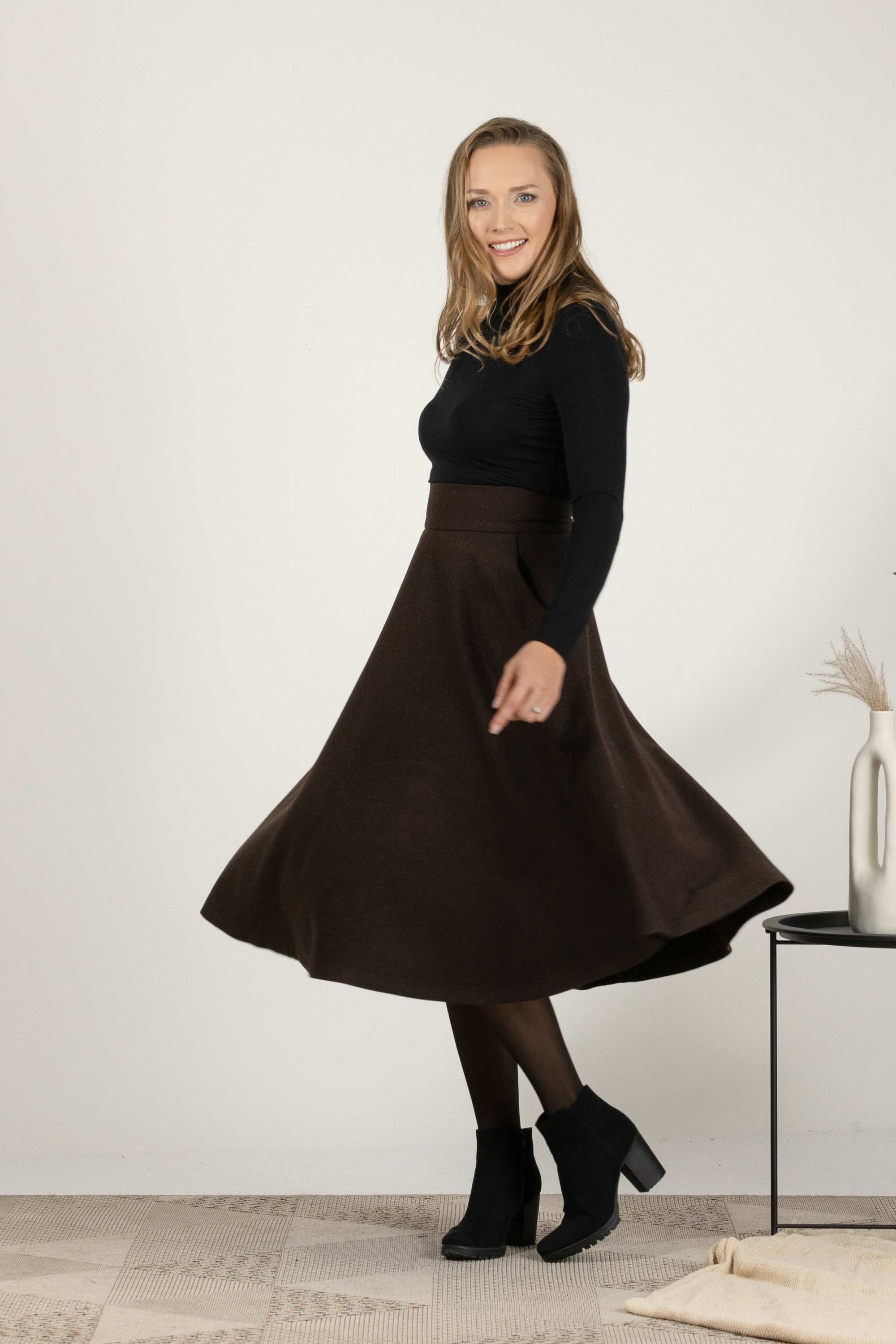 Dark Chocolate High Waist Wool Midi Skirt