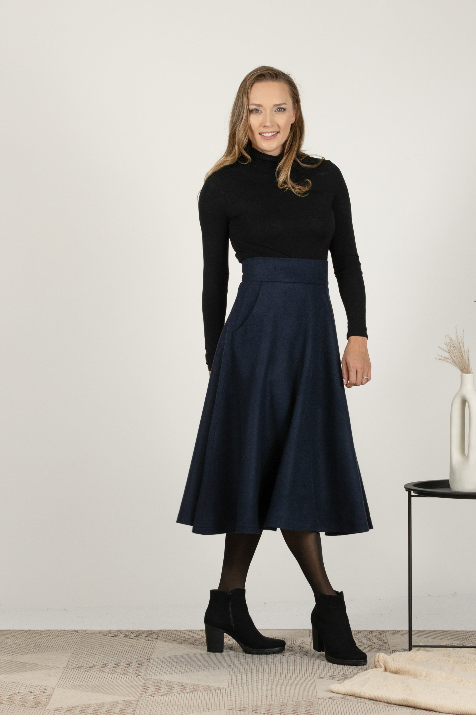 Winter midi high waist skirt in dark blue color