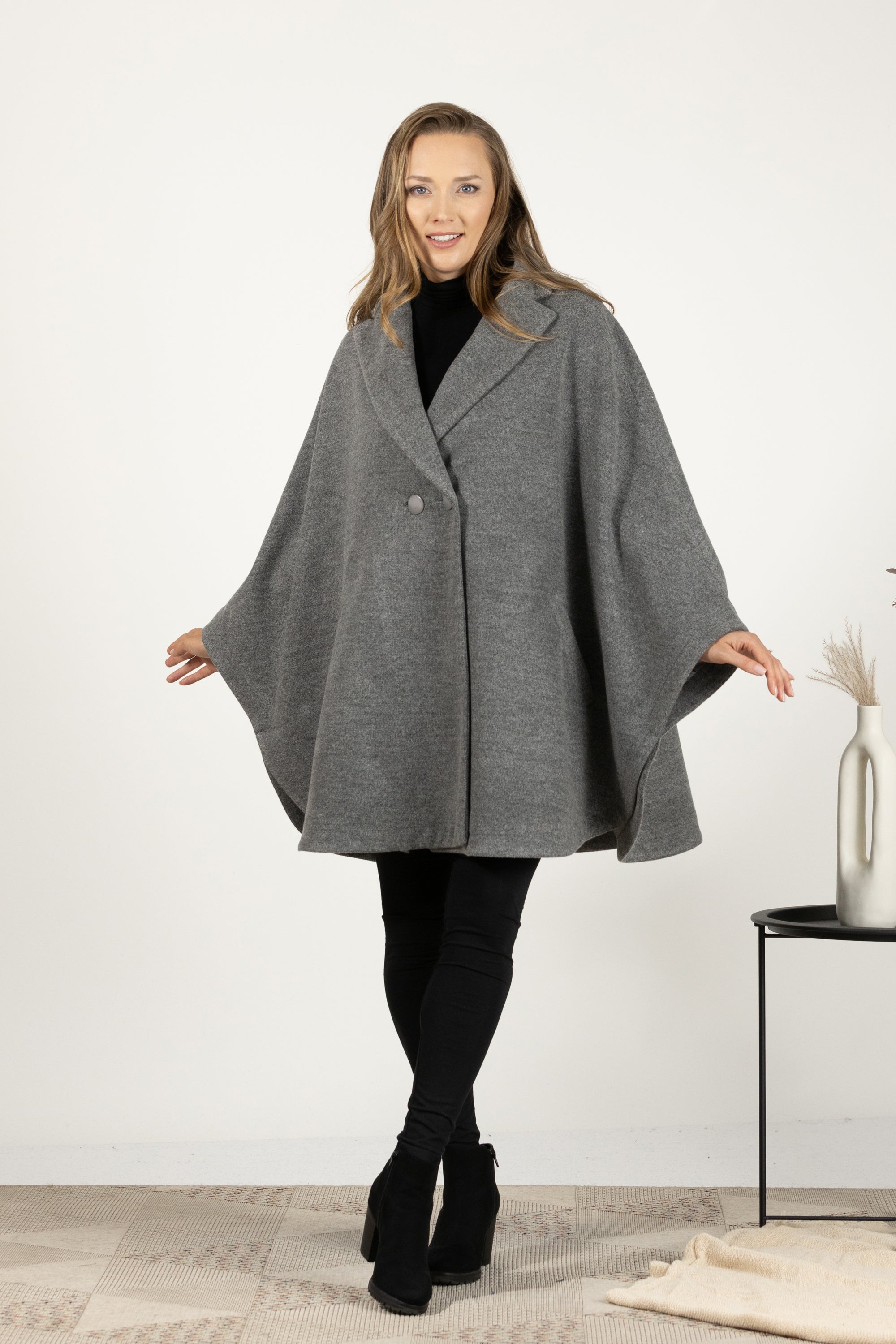 Gray Collared Loose Cape Coat from NikkaPlace Effortless fashion for easy living