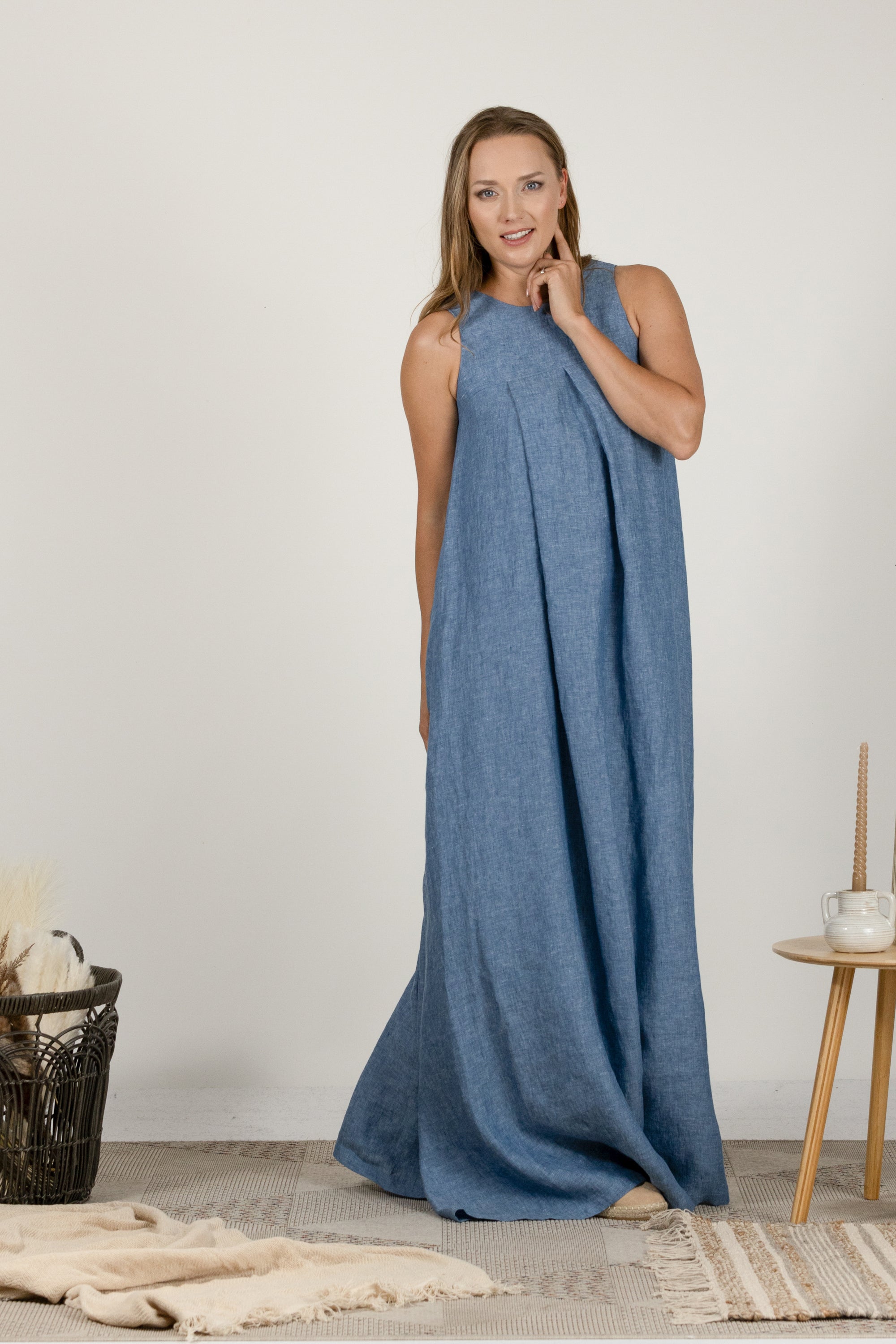 Dark Rose Loose Linen Maxi Dress