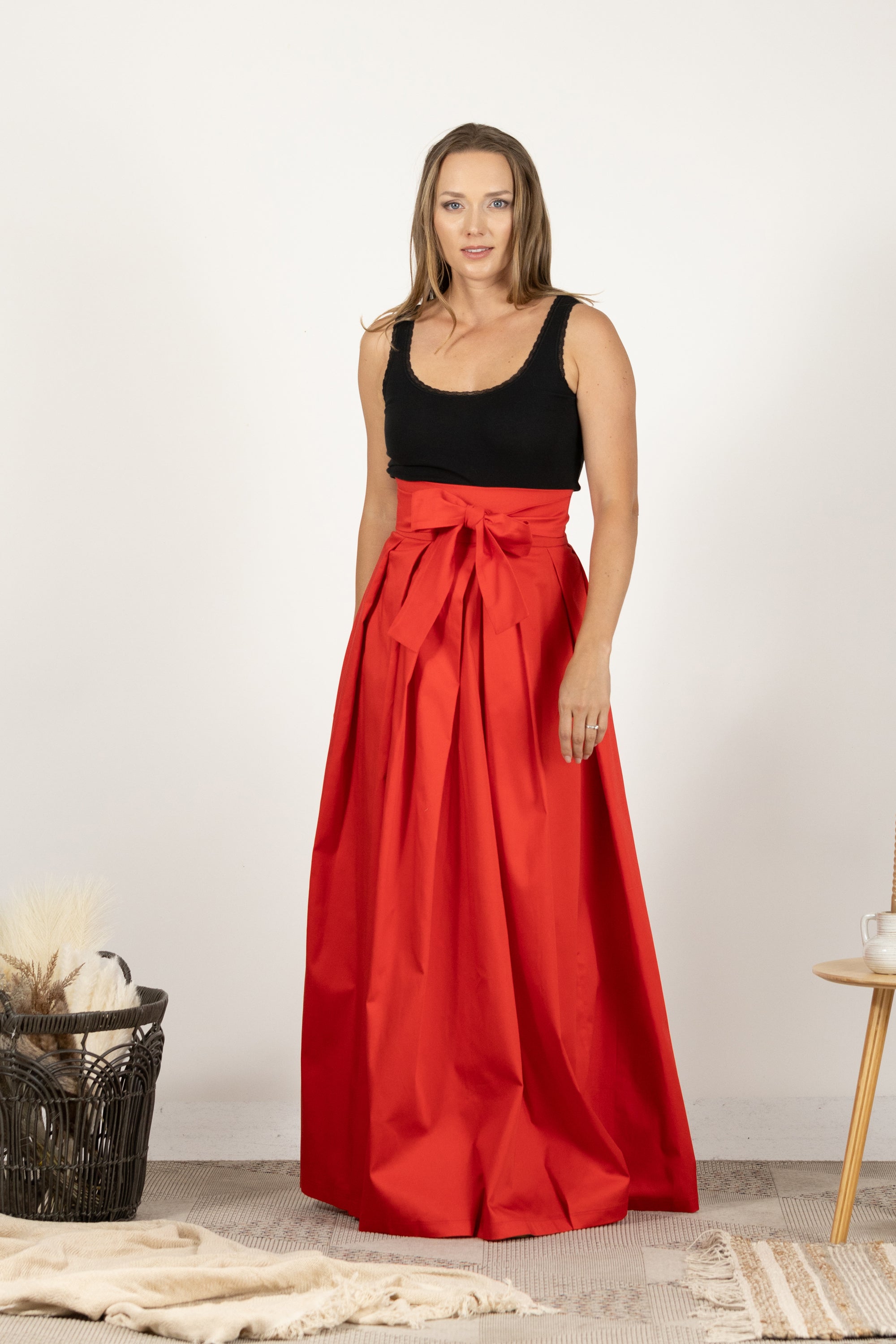 Red High Waist Pleated Maxi Skirt
