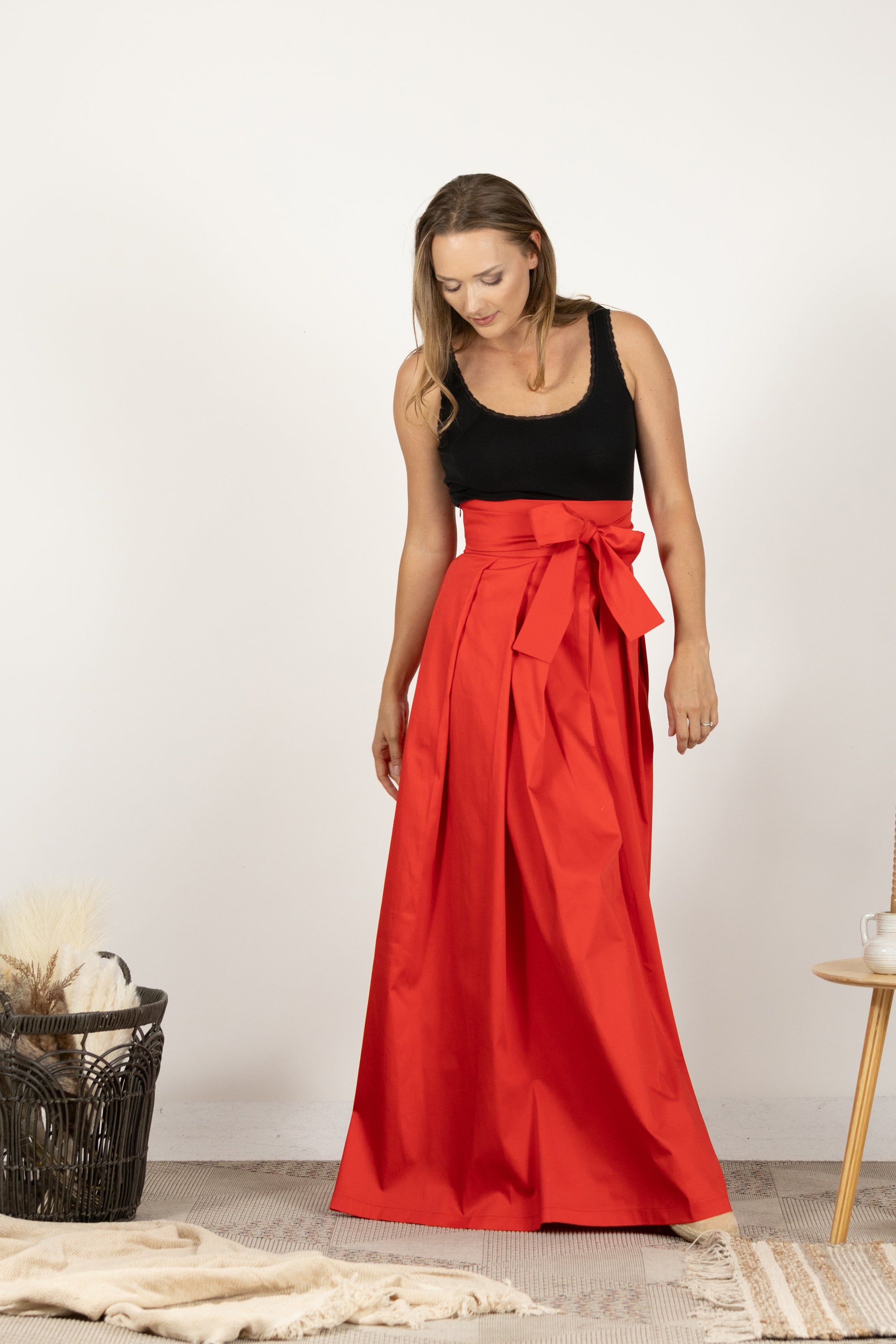 Red High Waist Pleated Maxi Skirt