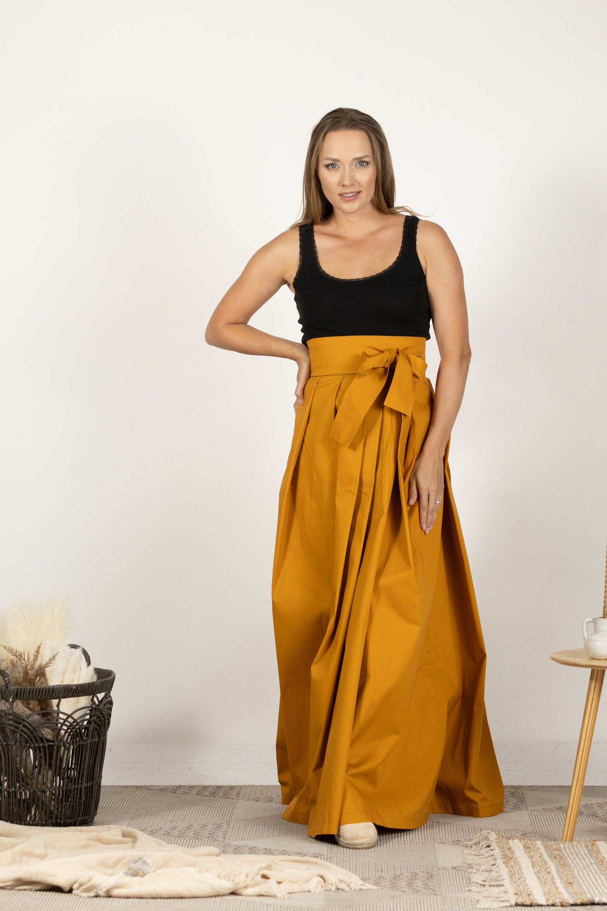 Comfortable pleated maxi skirt in dark yellow