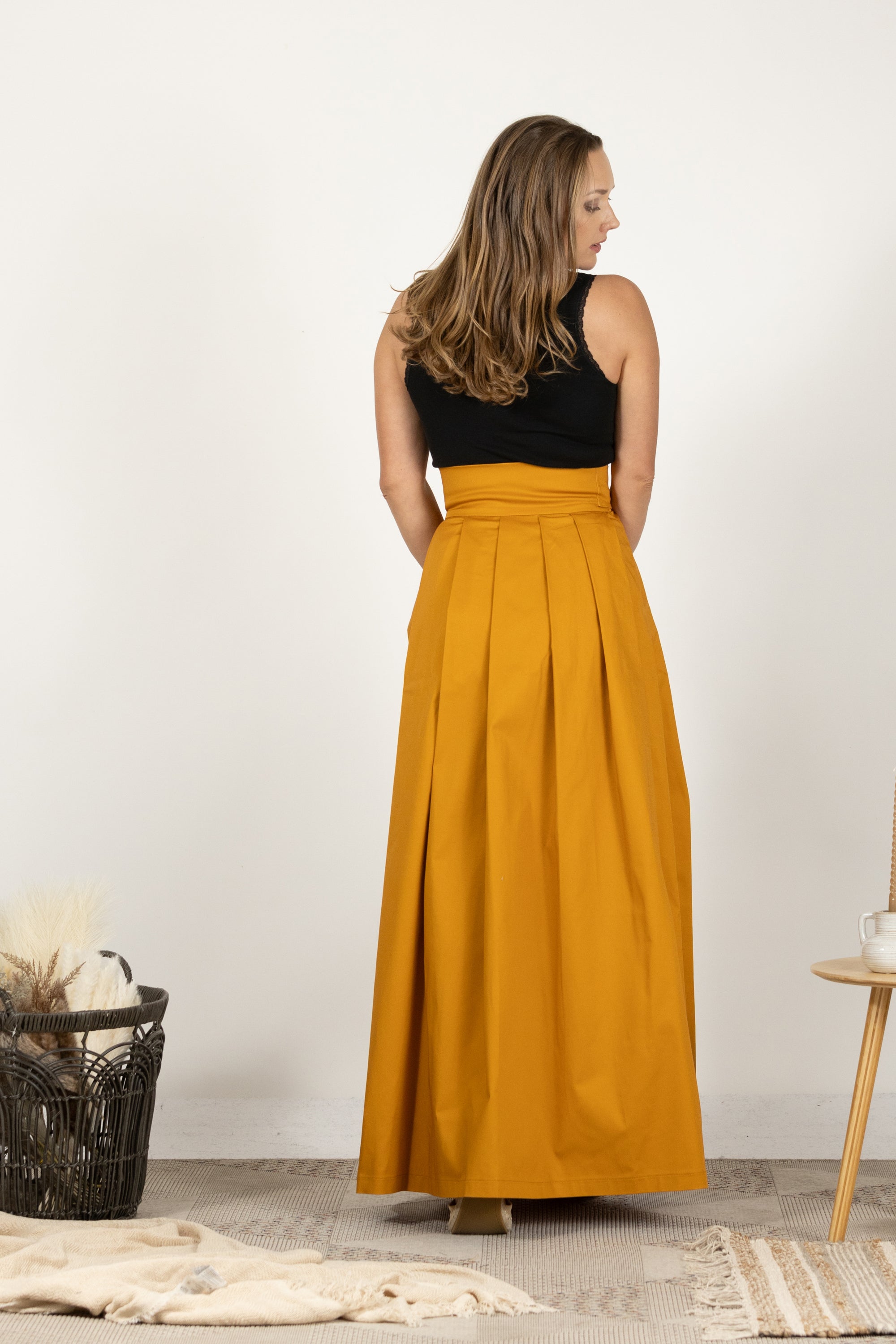 Deep Yellow High Waist Pleated Maxi Skirt