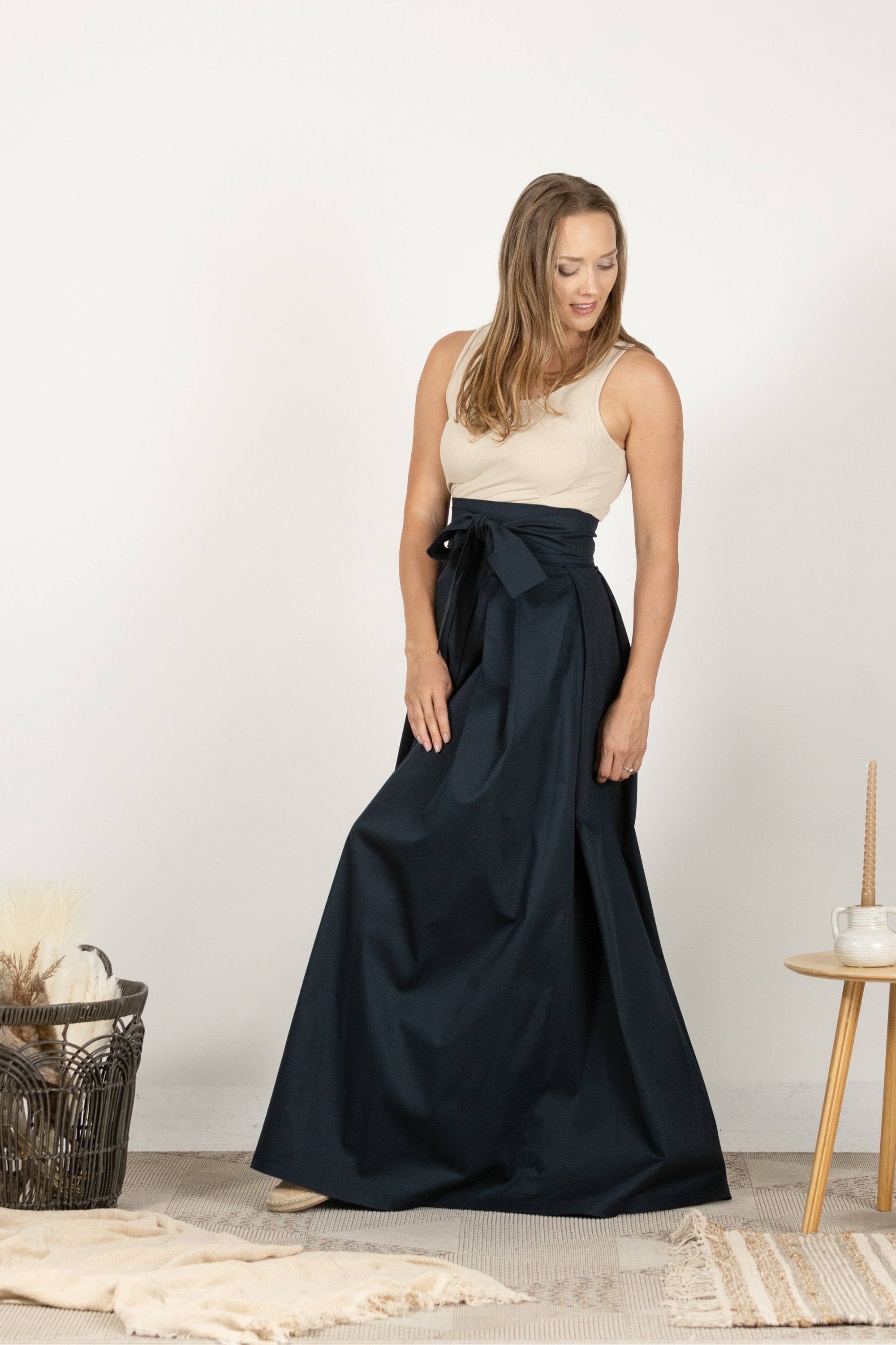 Dark Blue High Waist Pleated Maxi Skirt