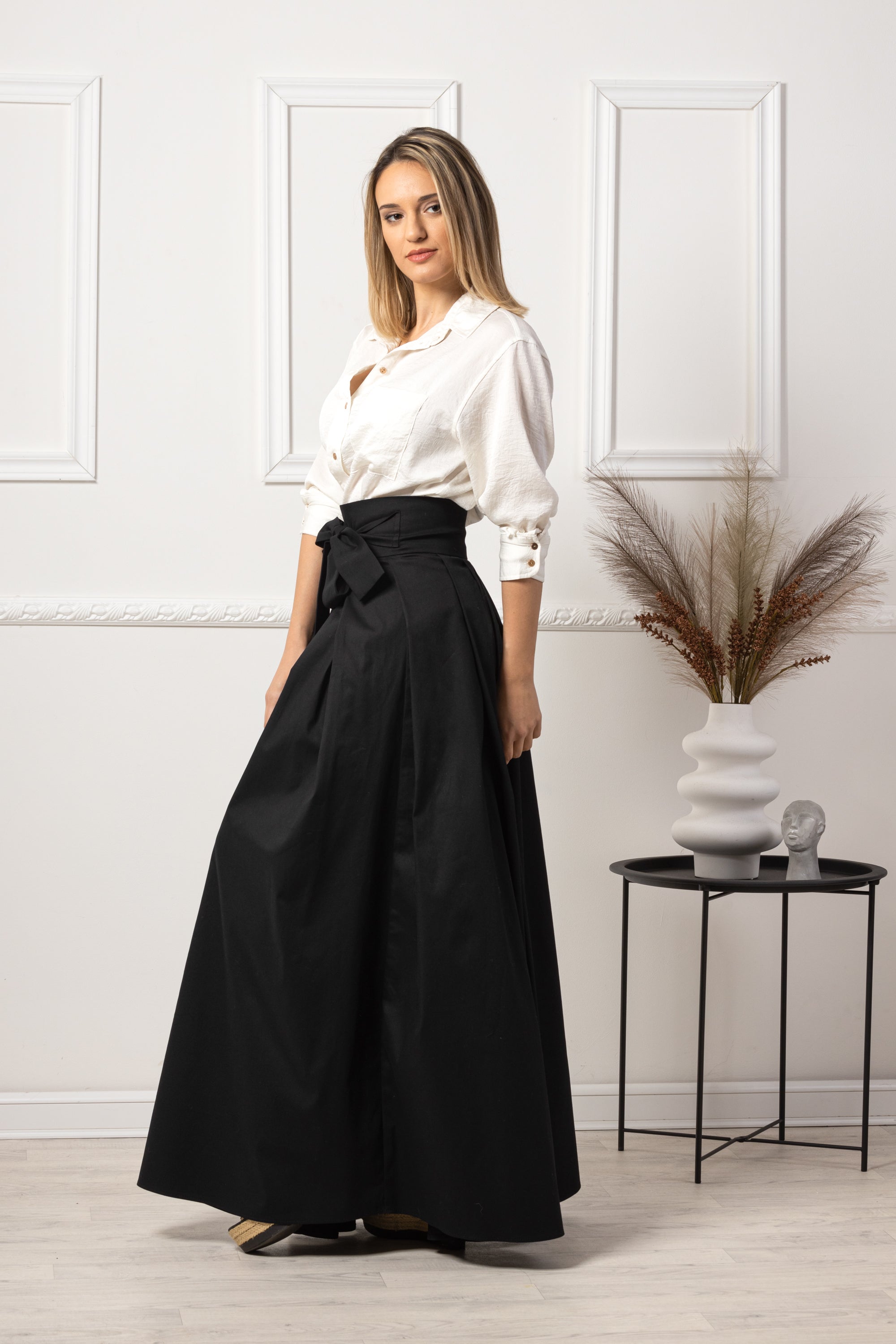 Elegant Black High Waist Pleated Maxi Skirt