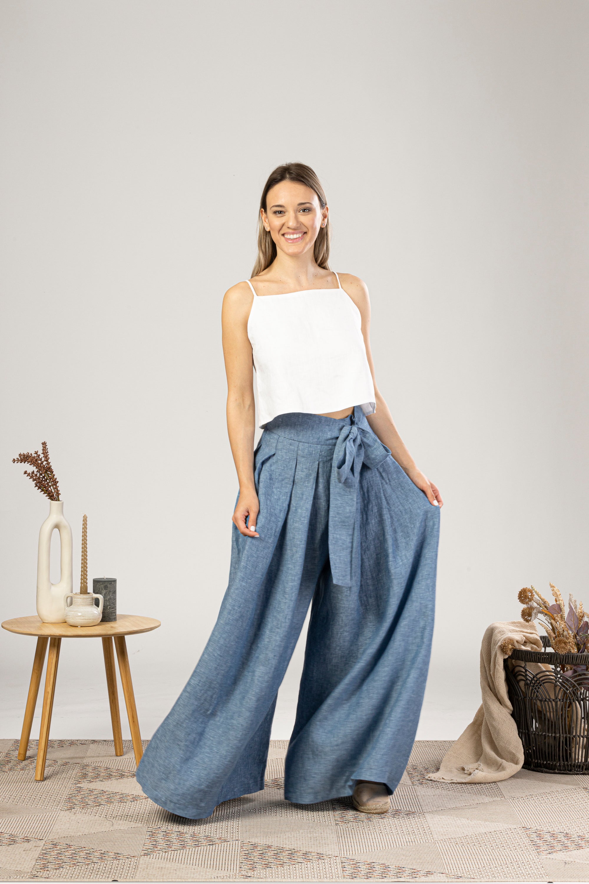 Blue Melange Wide Leg Linen Pants for formal and casual outfits in summer - from NikkaPlace | Effortless fashion for easy living