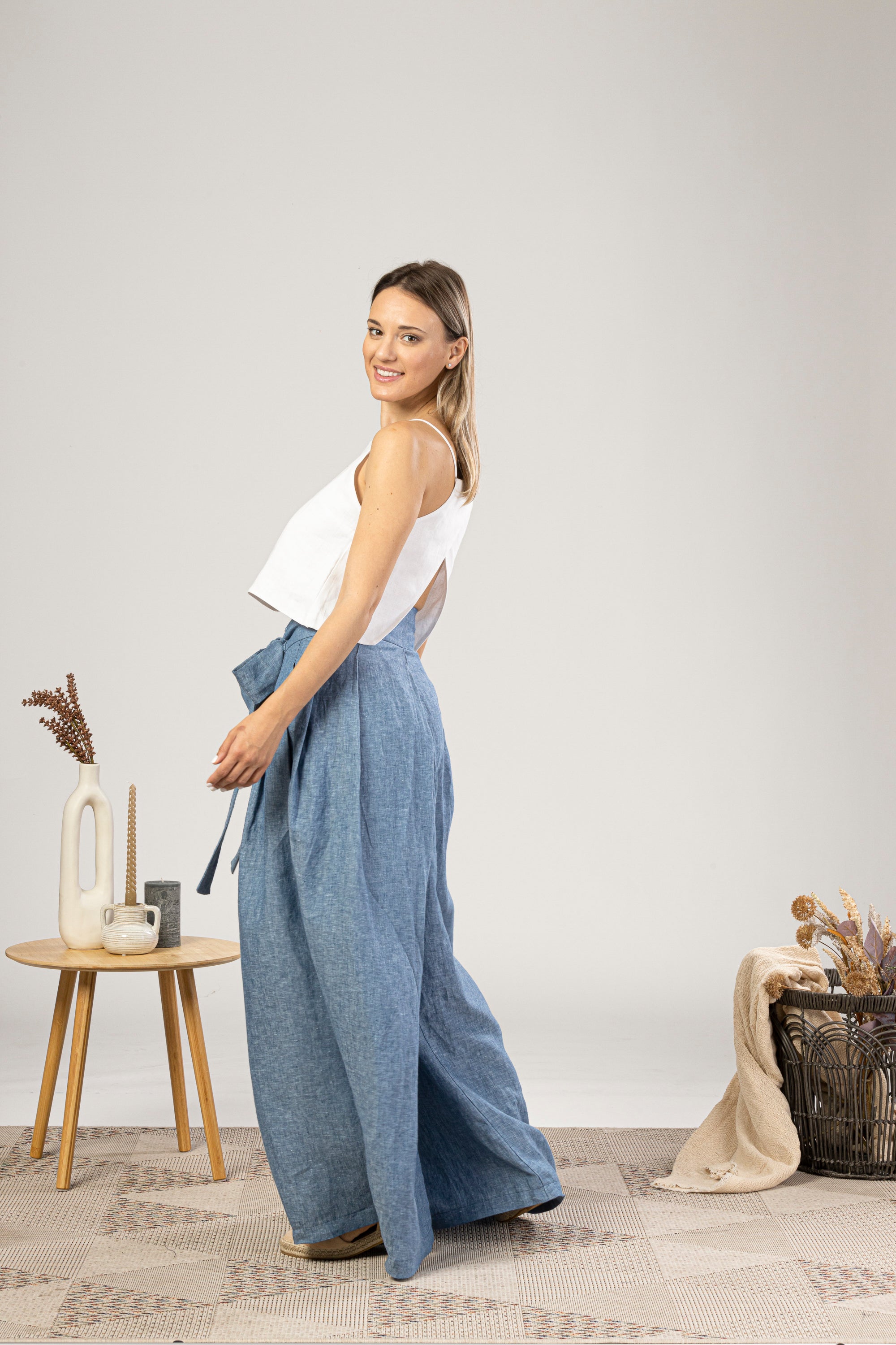 Blue Melange Wide Leg Linen Pants for formal and casual outfits in summer - from NikkaPlace | Effortless fashion for easy living