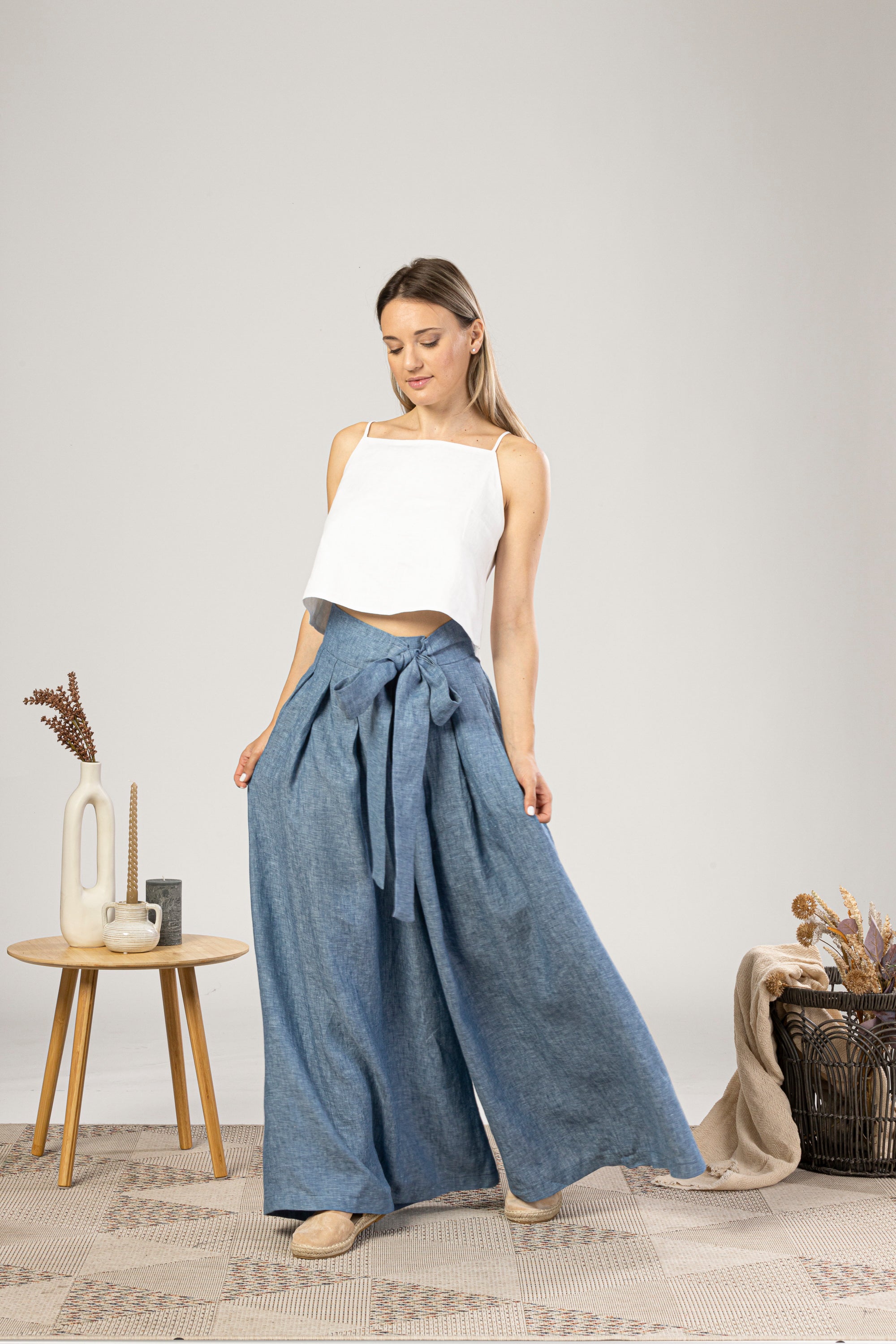 Blue Melange Wide Leg Linen Pants for formal and casual outfits in summer - from NikkaPlace | Effortless fashion for easy living