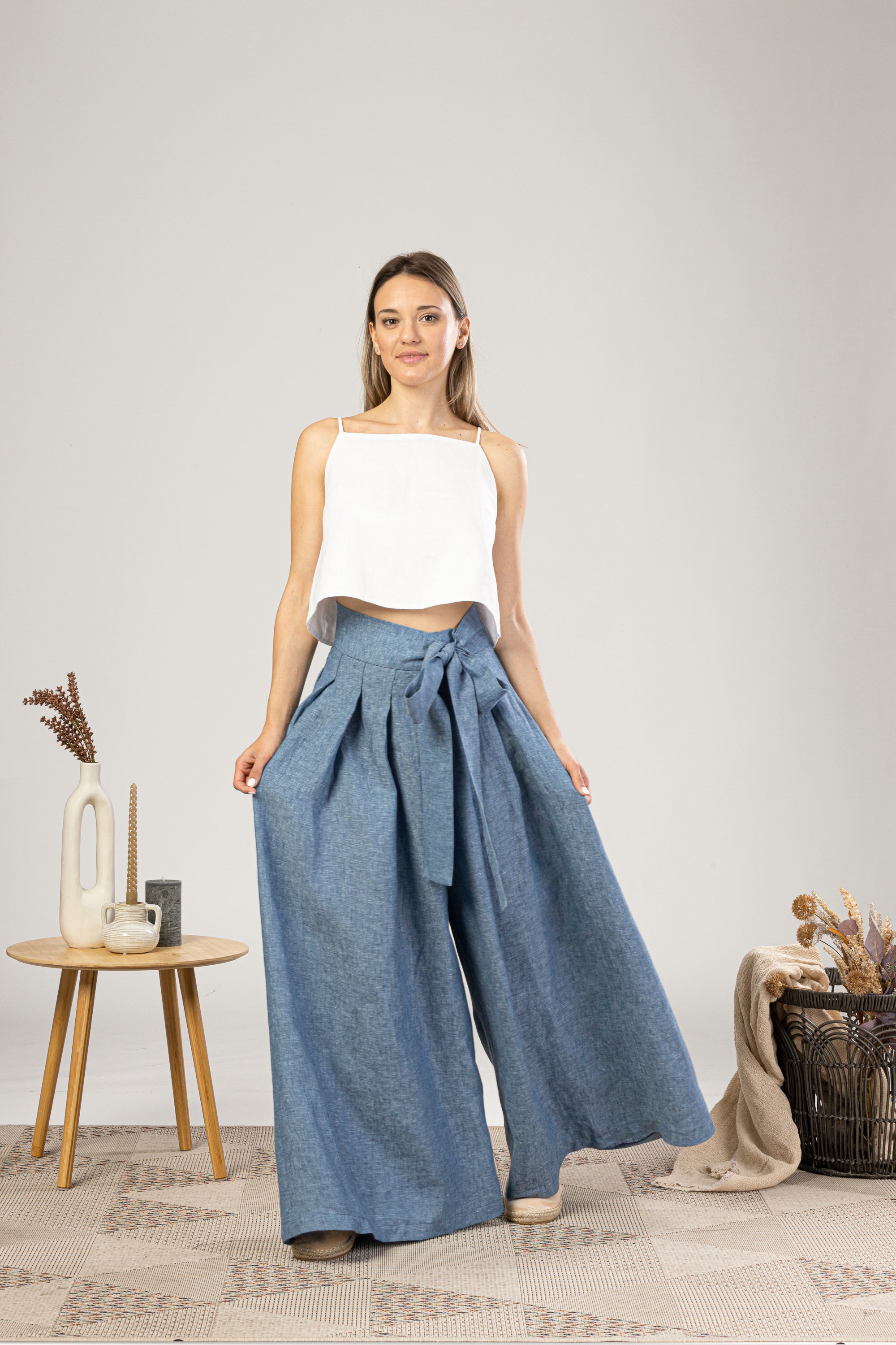 Blue Melange Wide Leg Linen Pants for formal and casual outfits in summer - from NikkaPlace | Effortless fashion for easy living