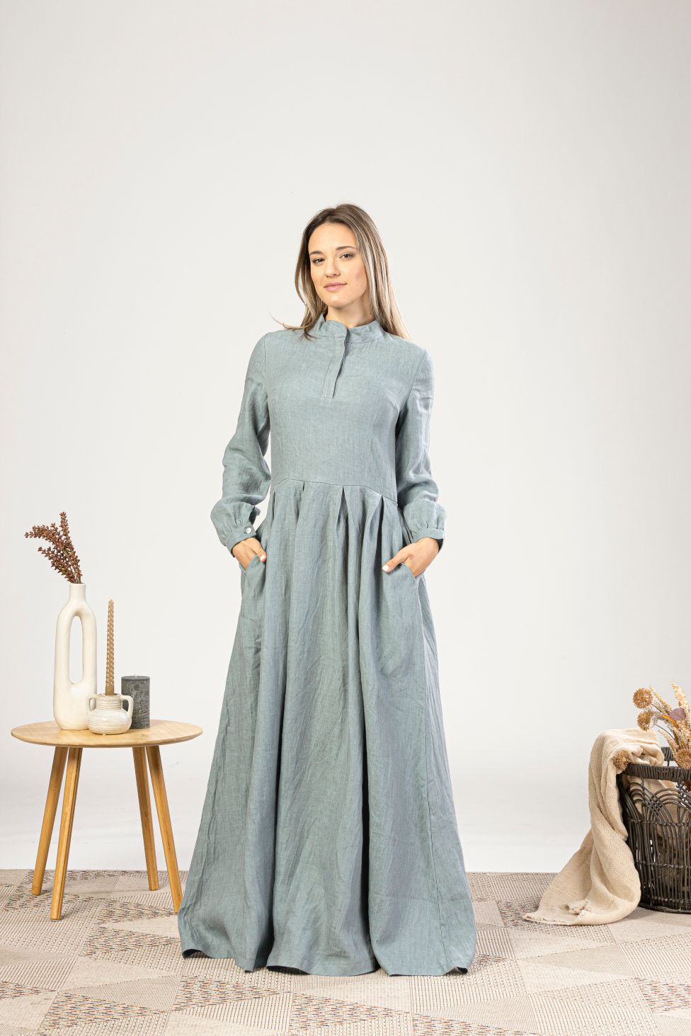 Dusty Blue Linen Prairie Maxi Dress from NikkaPlace | Effortless fashion for easy living XL / Natural Dusty Blue Linen Prairie Maxi Dress from NikkaPlace | Effortless fashion for easy living XL / Natural