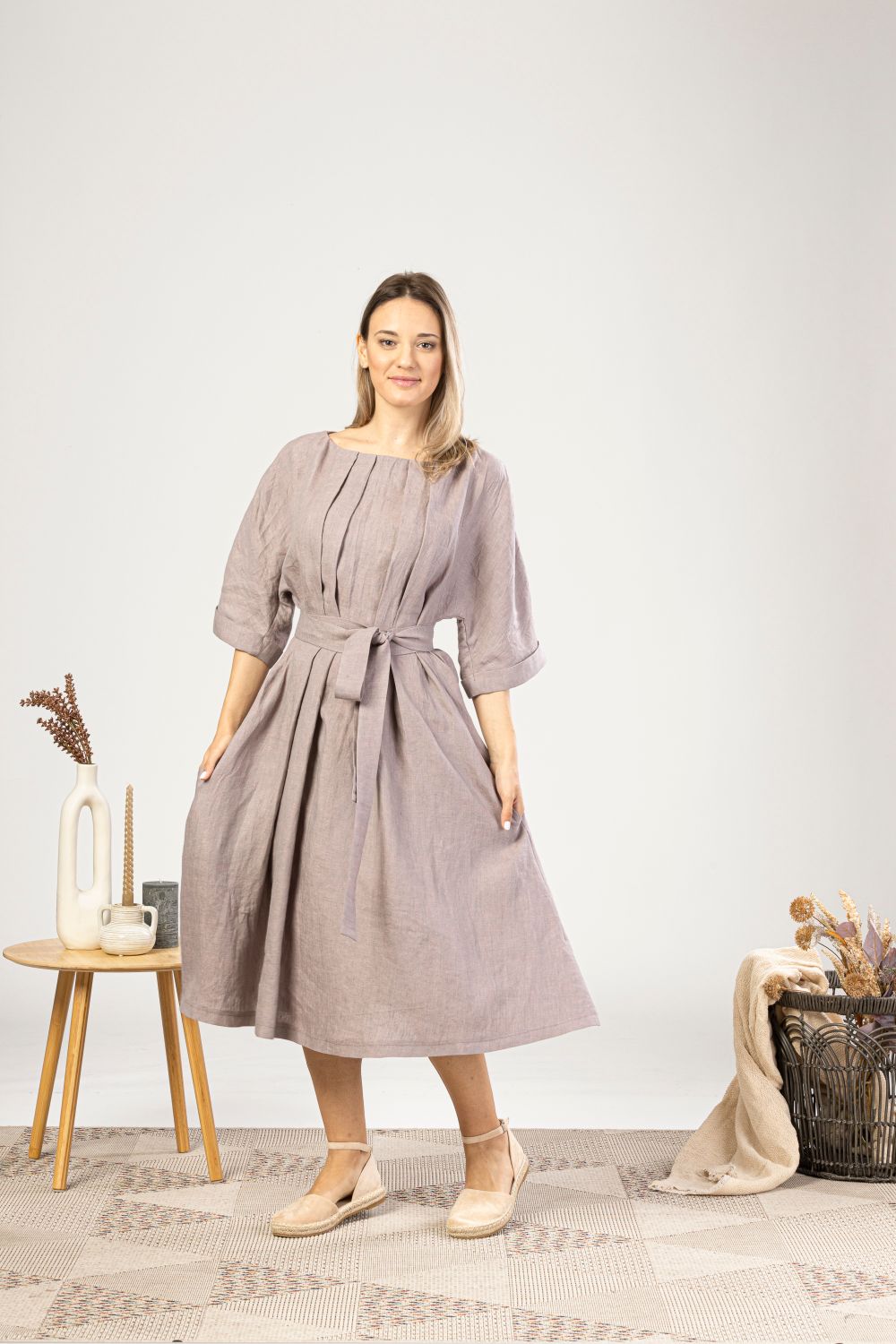Muted Lavender Midi Linen Belted Dress with a belt - from NikkaPlace | Effortless fashion for easy living