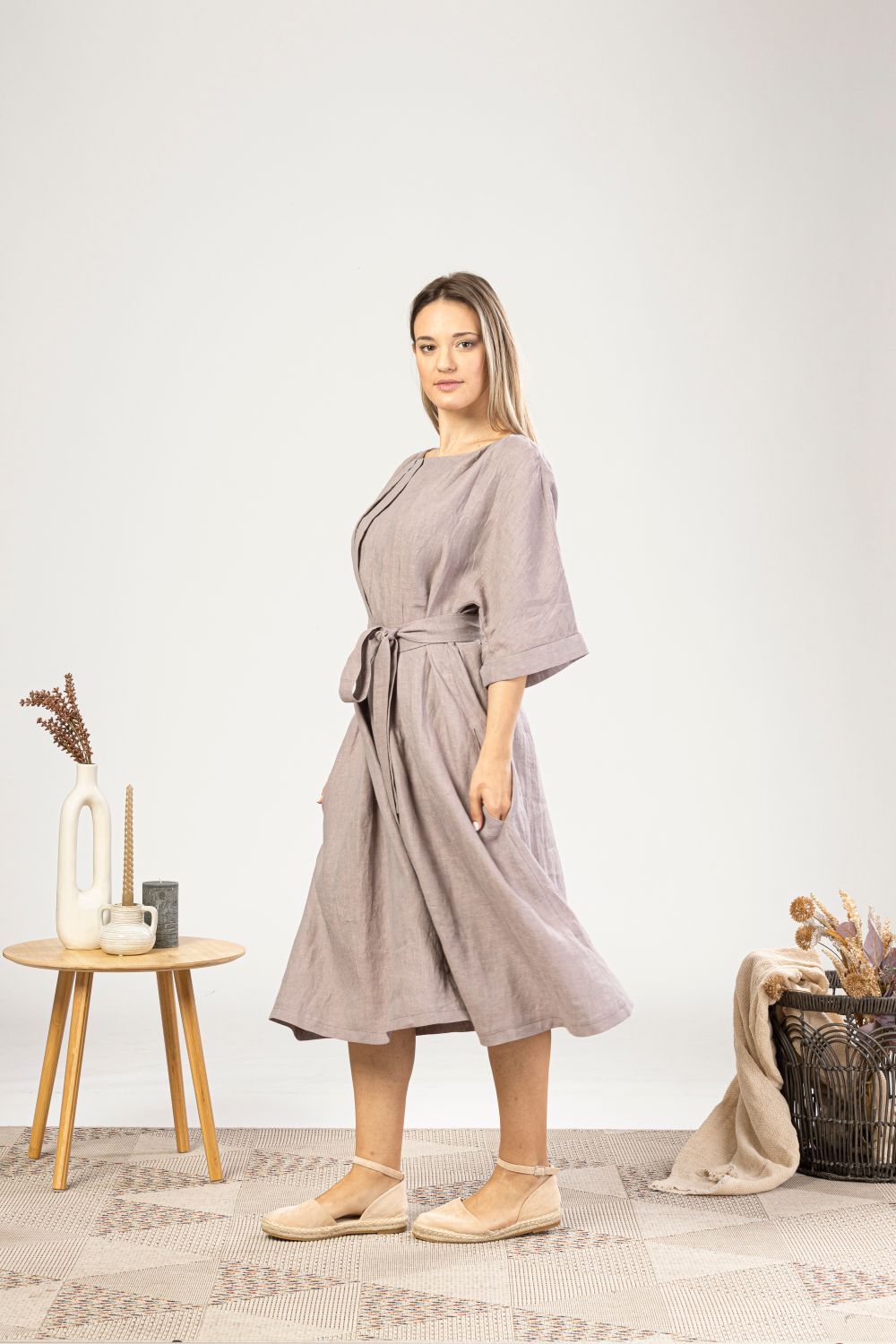 Muted Lavender Midi Linen Belted Dress with slevees - from NikkaPlace | Effortless fashion for easy living