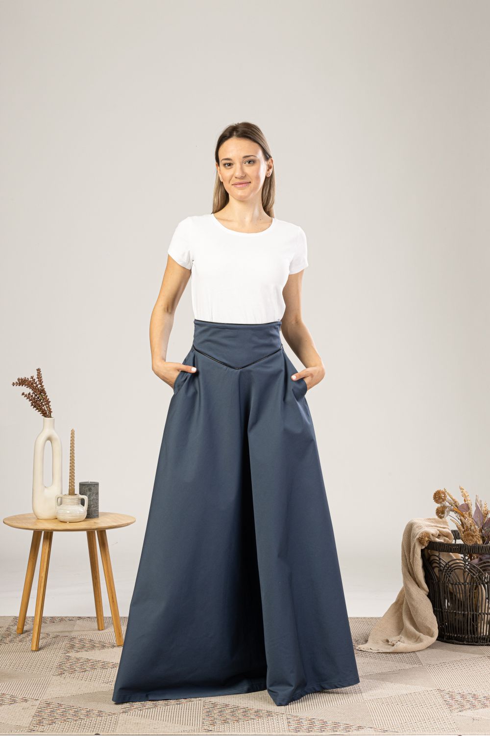 Slate Blue High Waist Victorian Skirt from the front view- from NikkaPlace | Effortless fashion for easy living