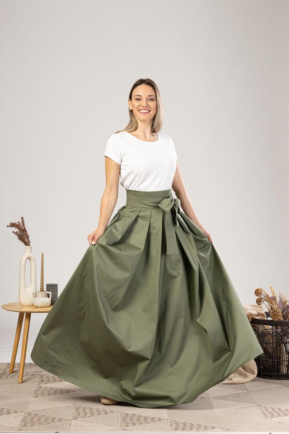 Sage Green High Waist Pleated Maxi Skirt from NikkaPlace