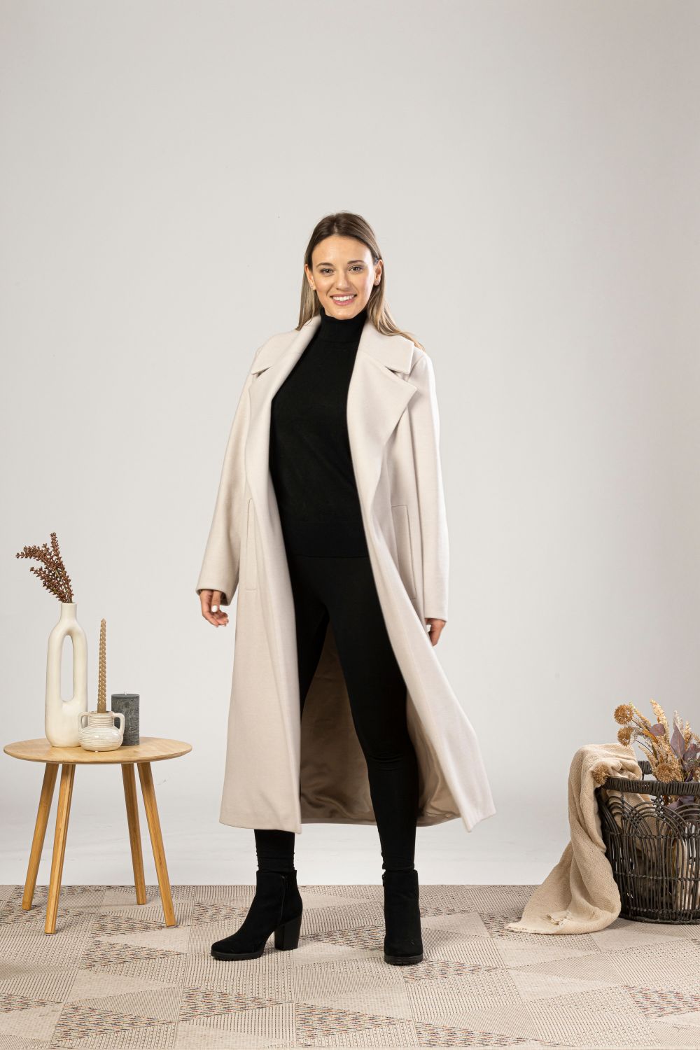 Comfortable Off White Long Wool Belted Coat from Nikka Place | Effortless fashion for easy living