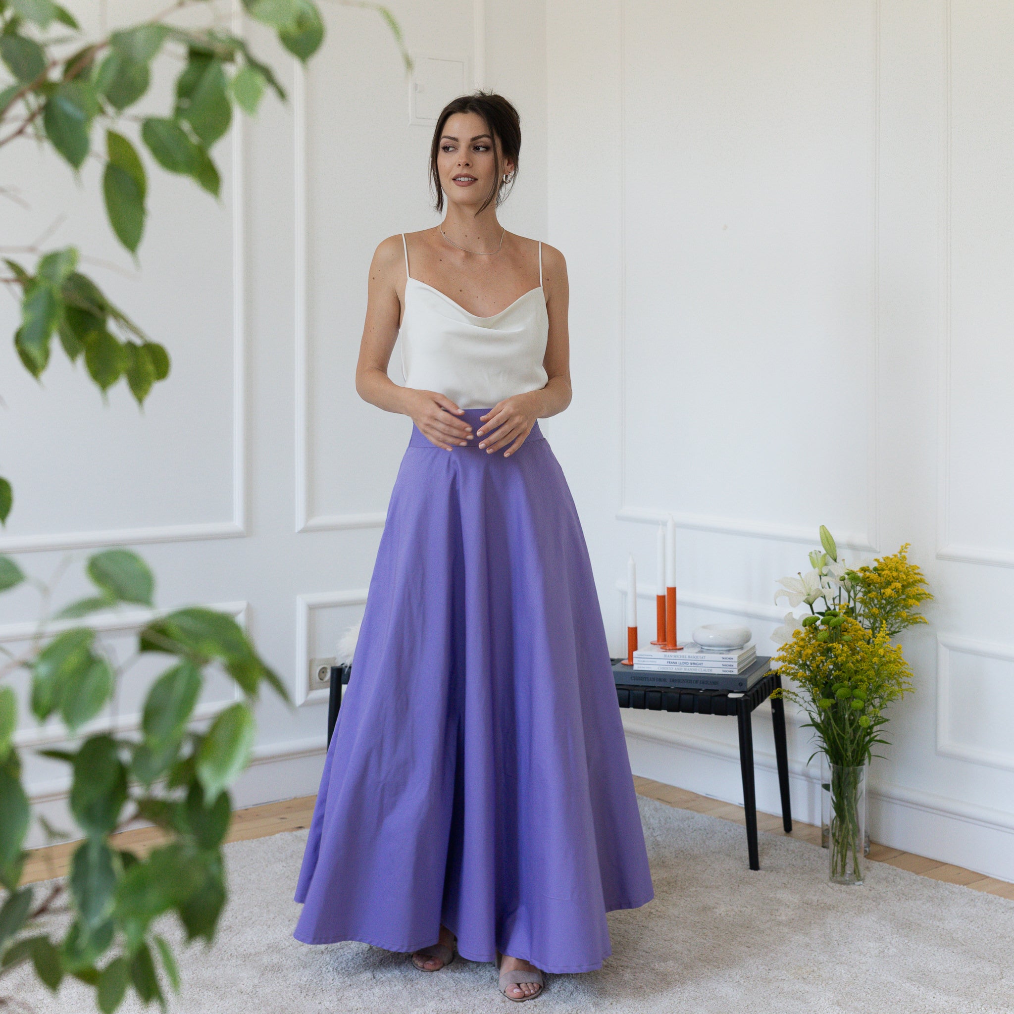 Front view of maxi purple cotton skirt
