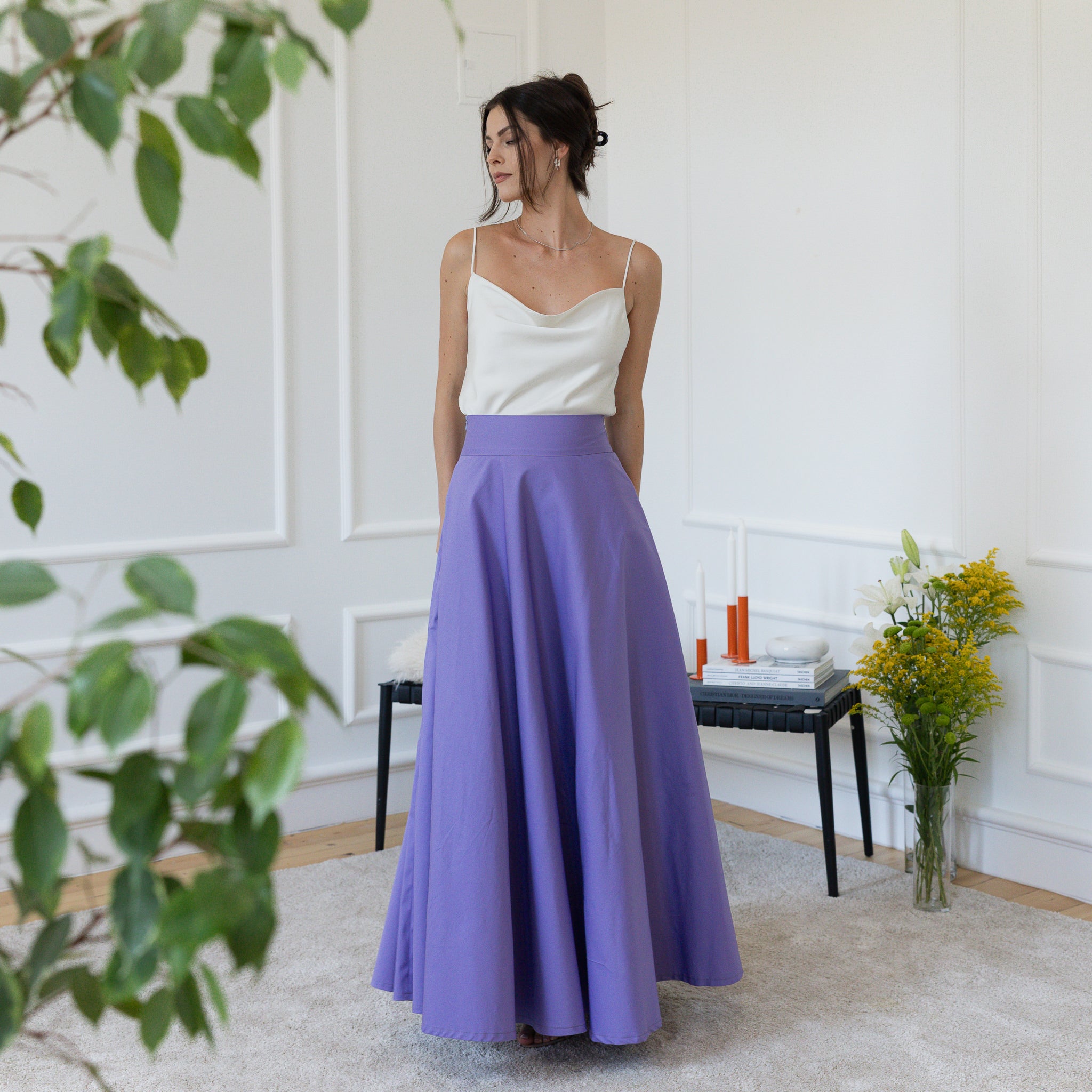 Front view of maxi cotton purple skirt