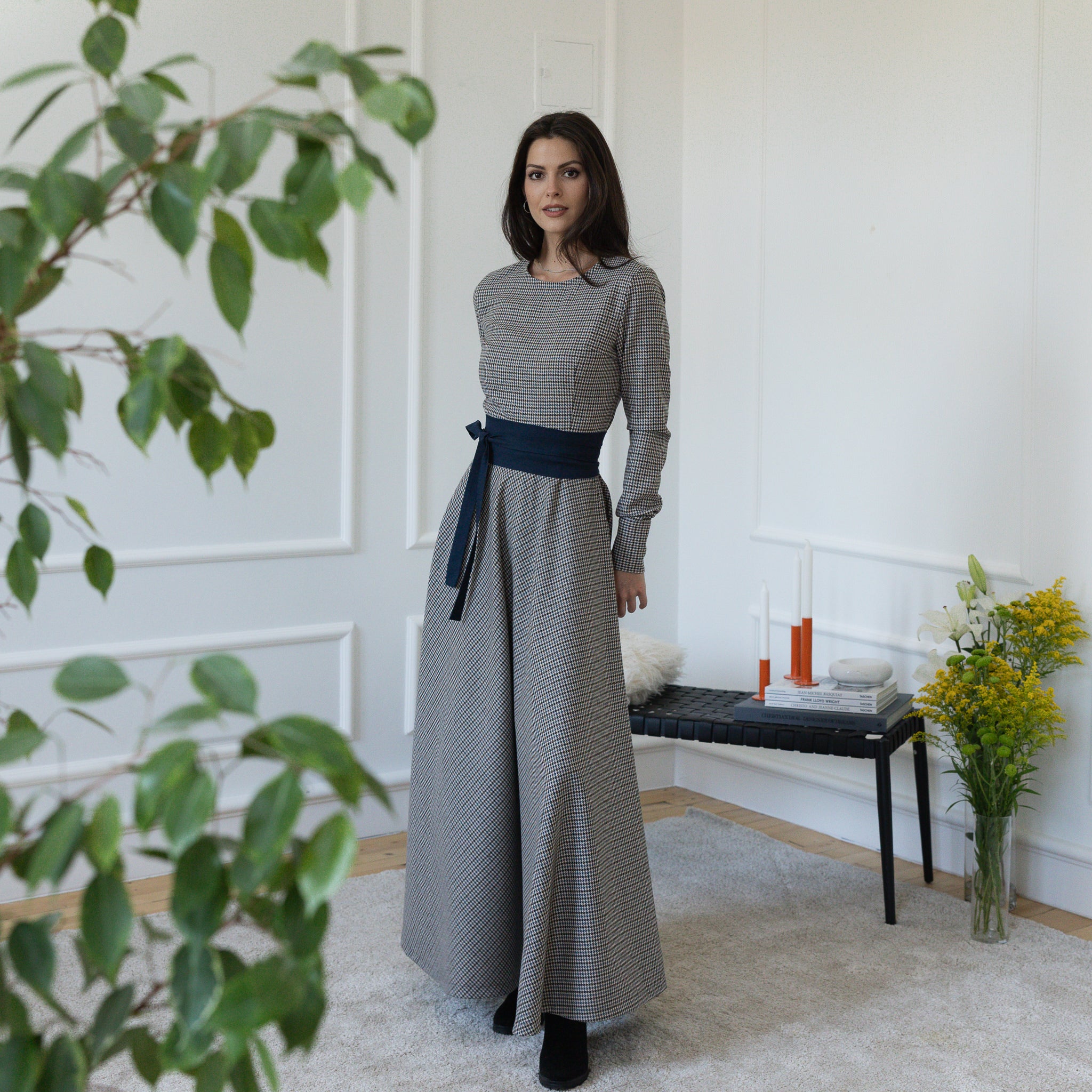 Front view of maxi wool dress with long sleeves