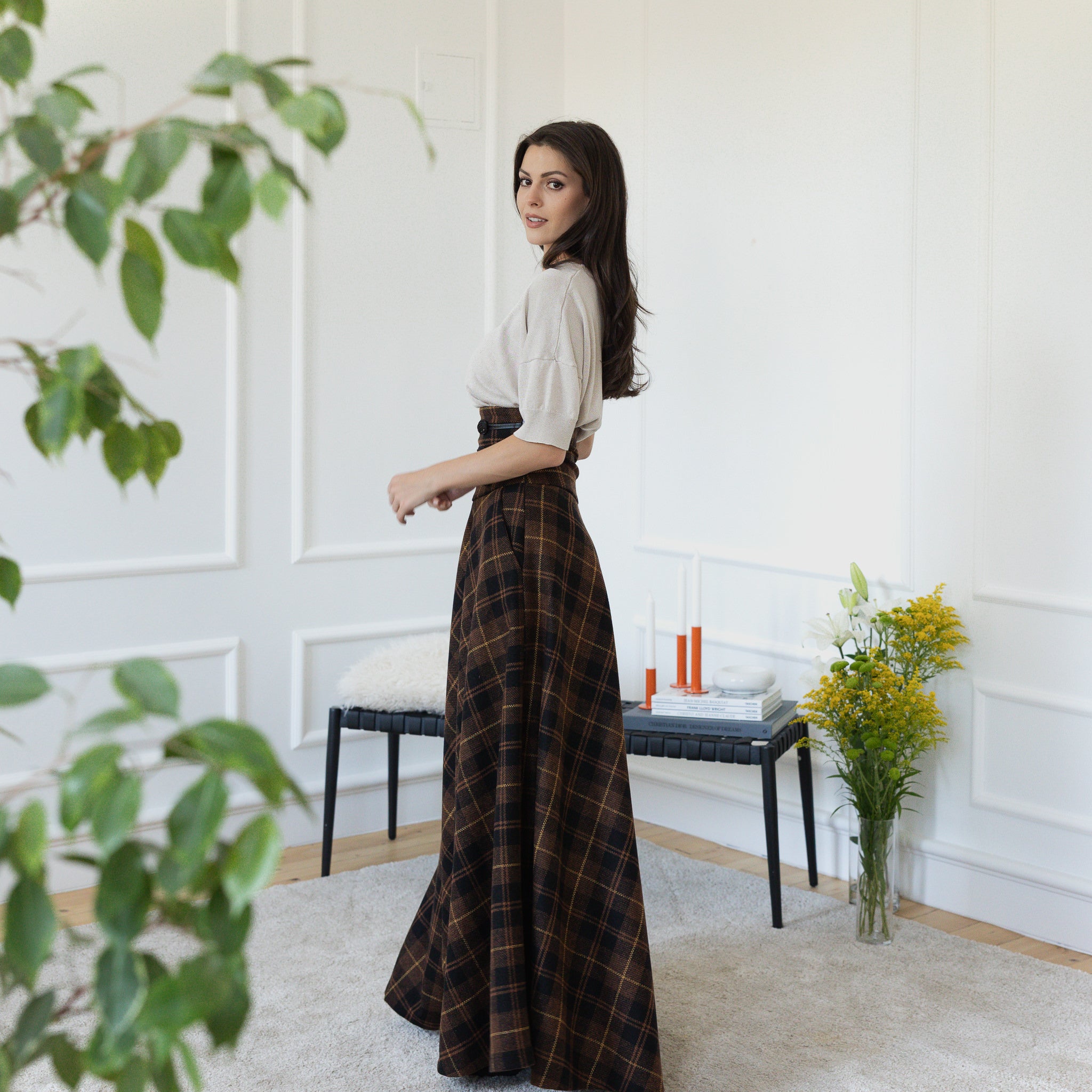 Dark Brown Plaid Winter Wool Maxi Skirt