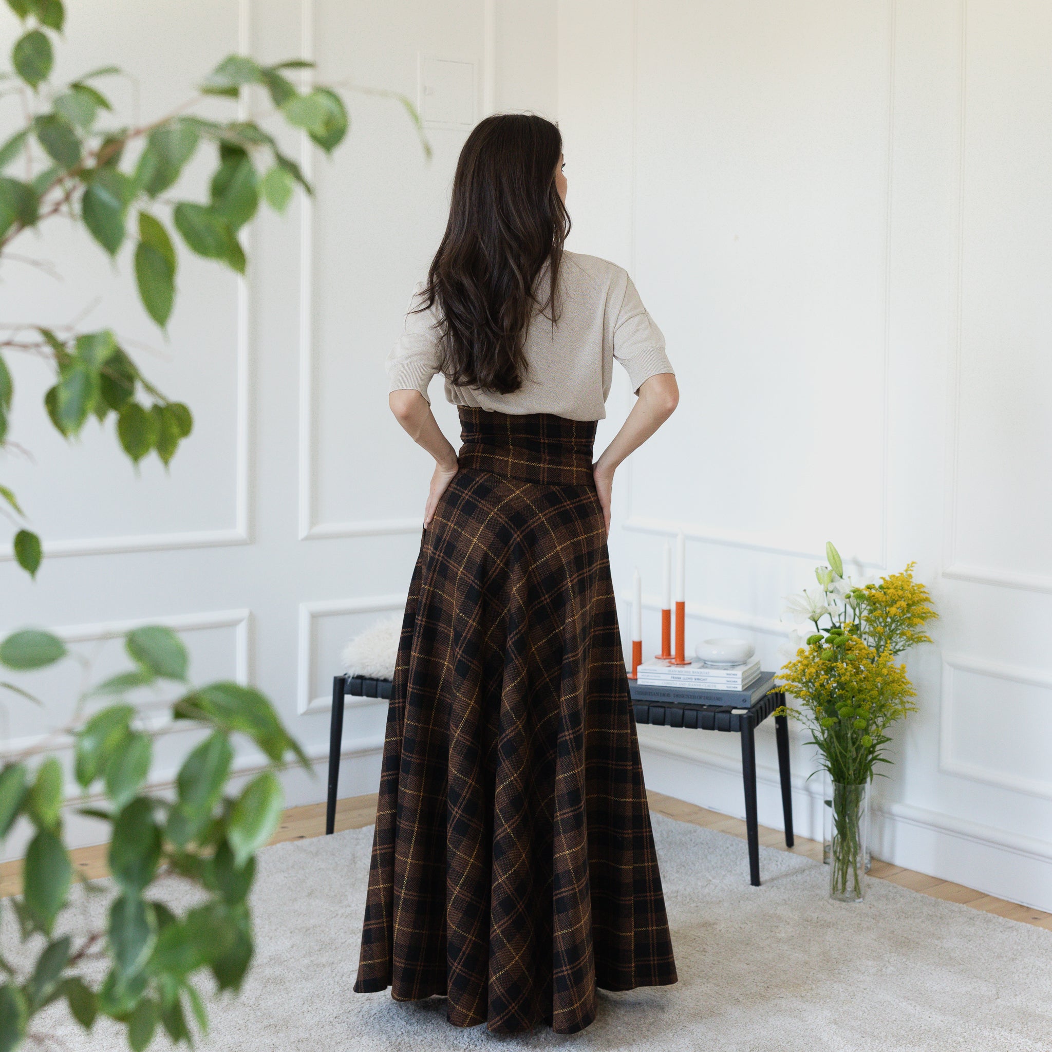 Dark Brown Plaid Winter Wool Maxi Skirt