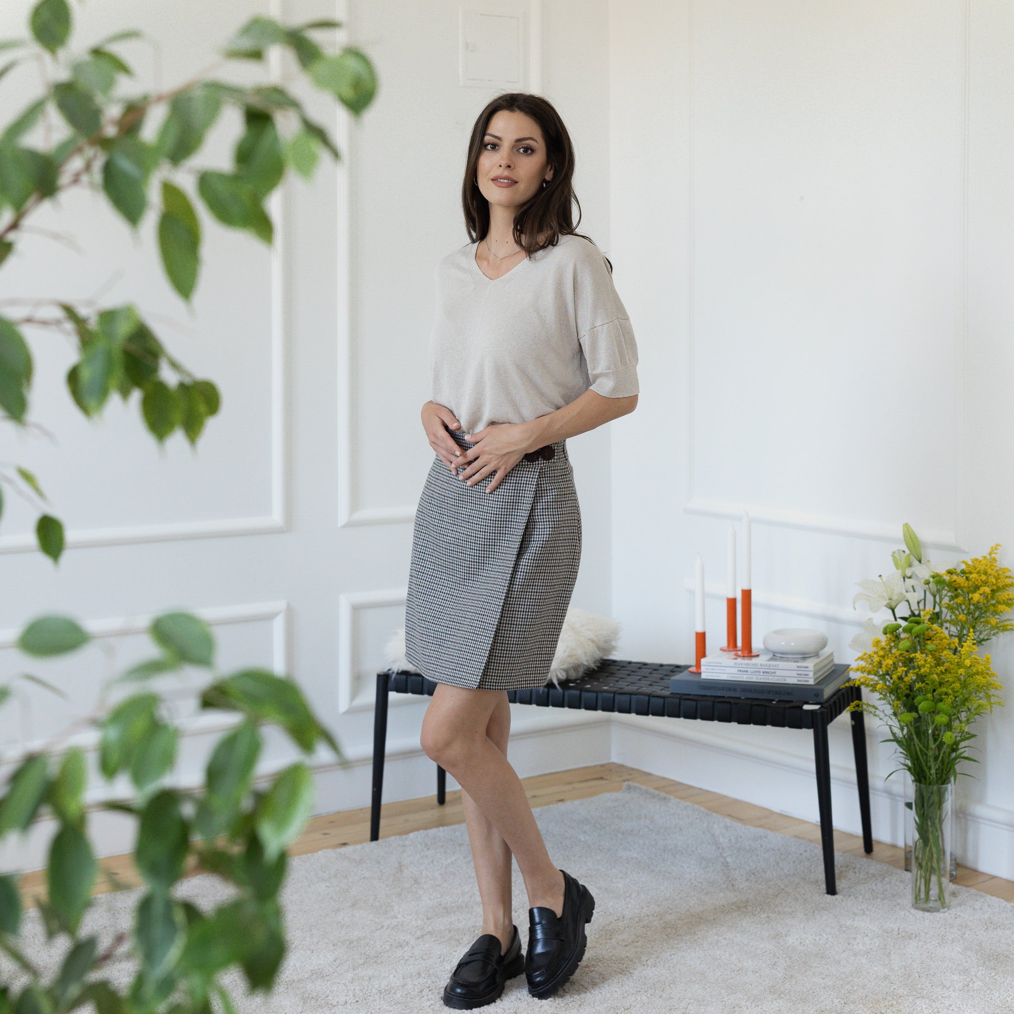 Front view of mini wool skirt