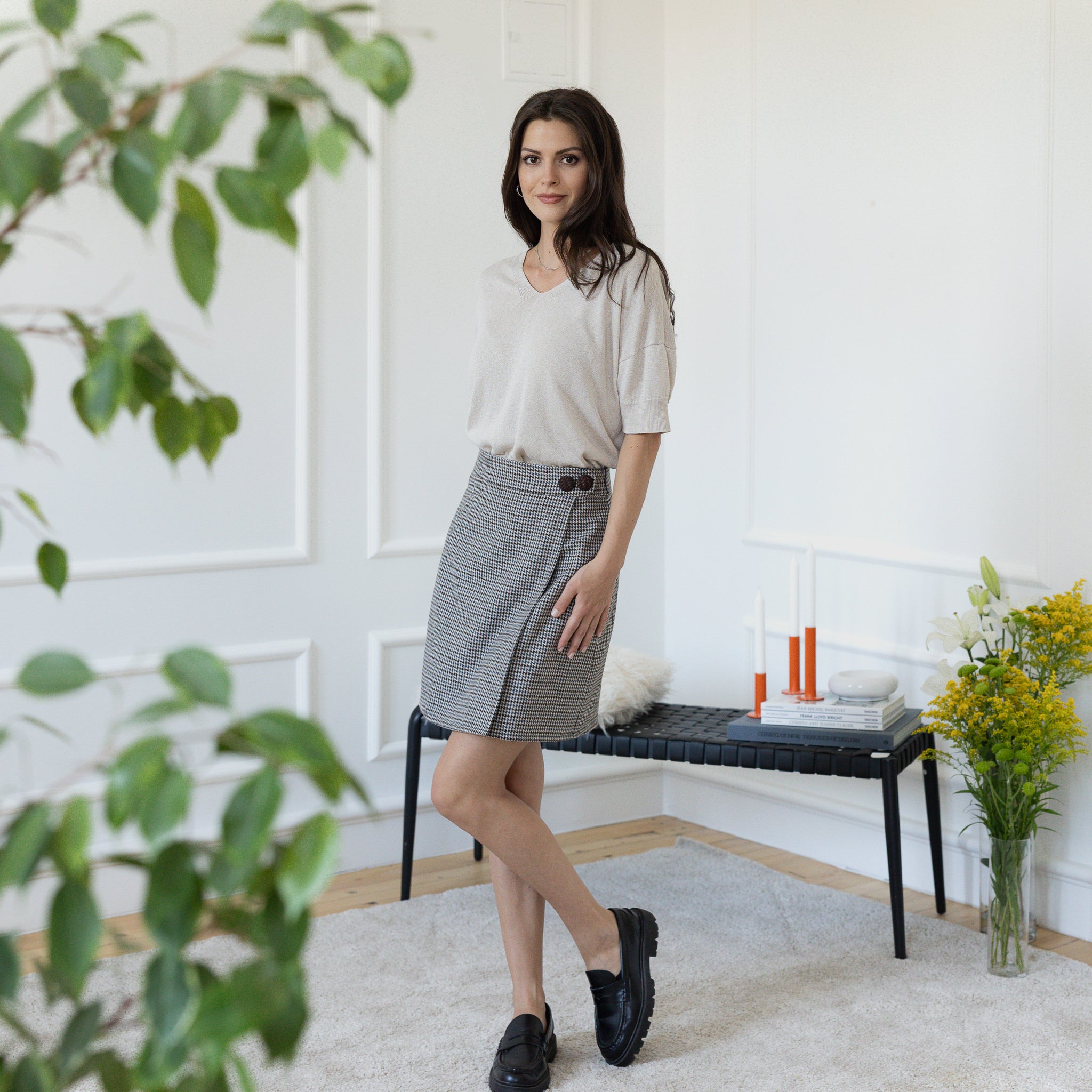 Front view of mini wool skirt