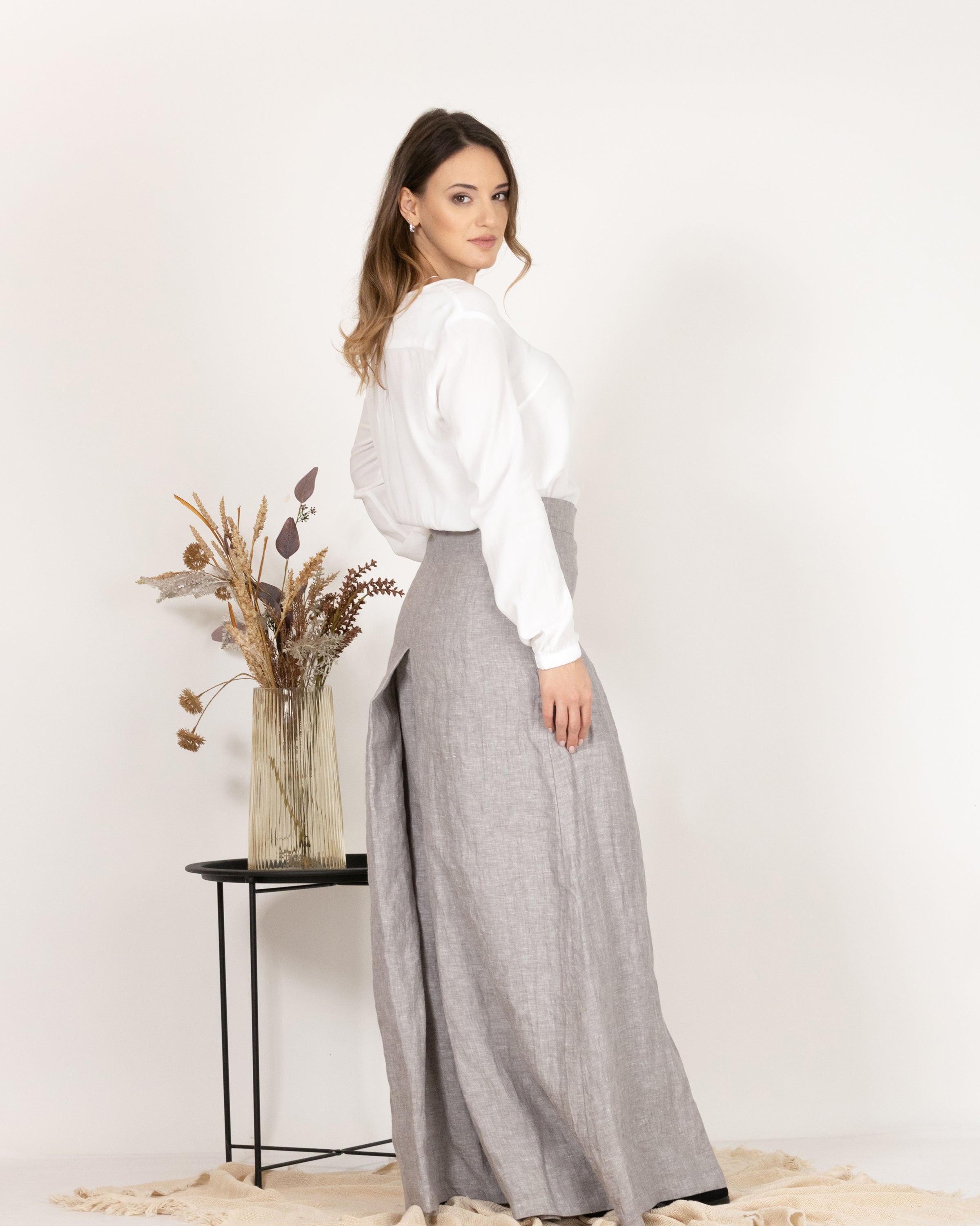 Linen Wide Leg Skirt Pants with High Waist