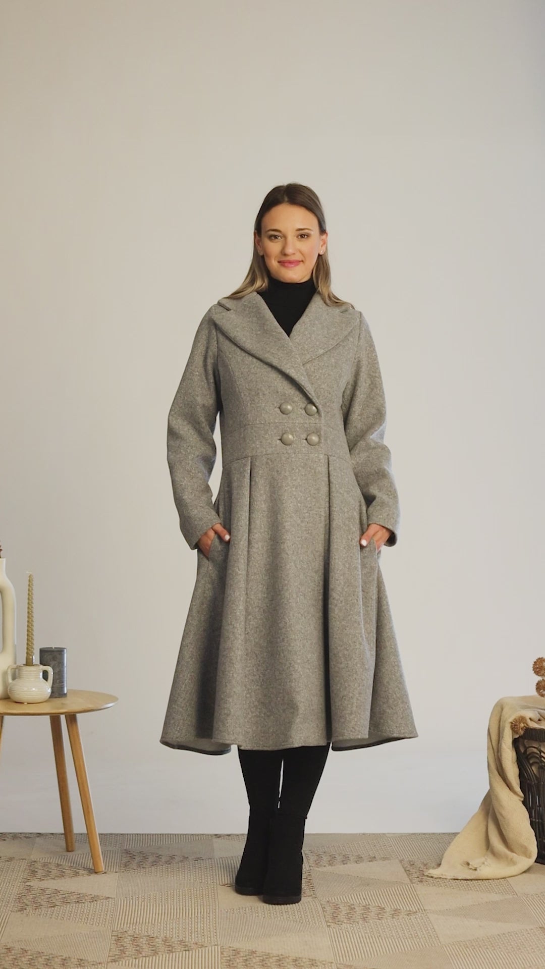 Full view of Gray A-Line Fit and Flare Coat with Pockets