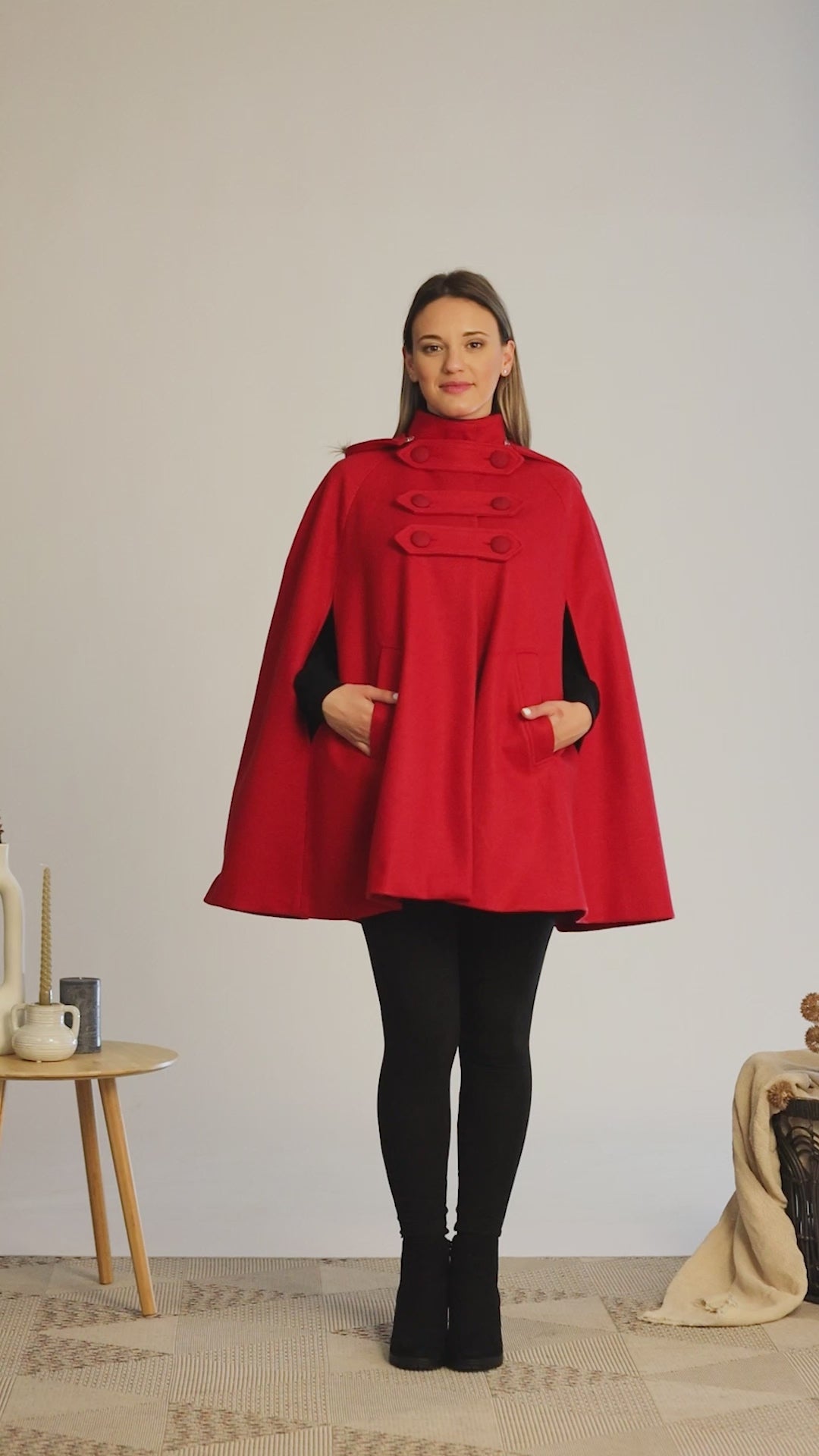 Complete design of Raspberry Hooded Wool Cape Coat