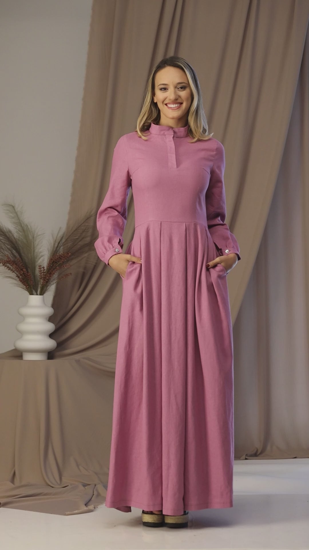 Full view of Natural and relaxed look Linen Prairie Maxi Dress